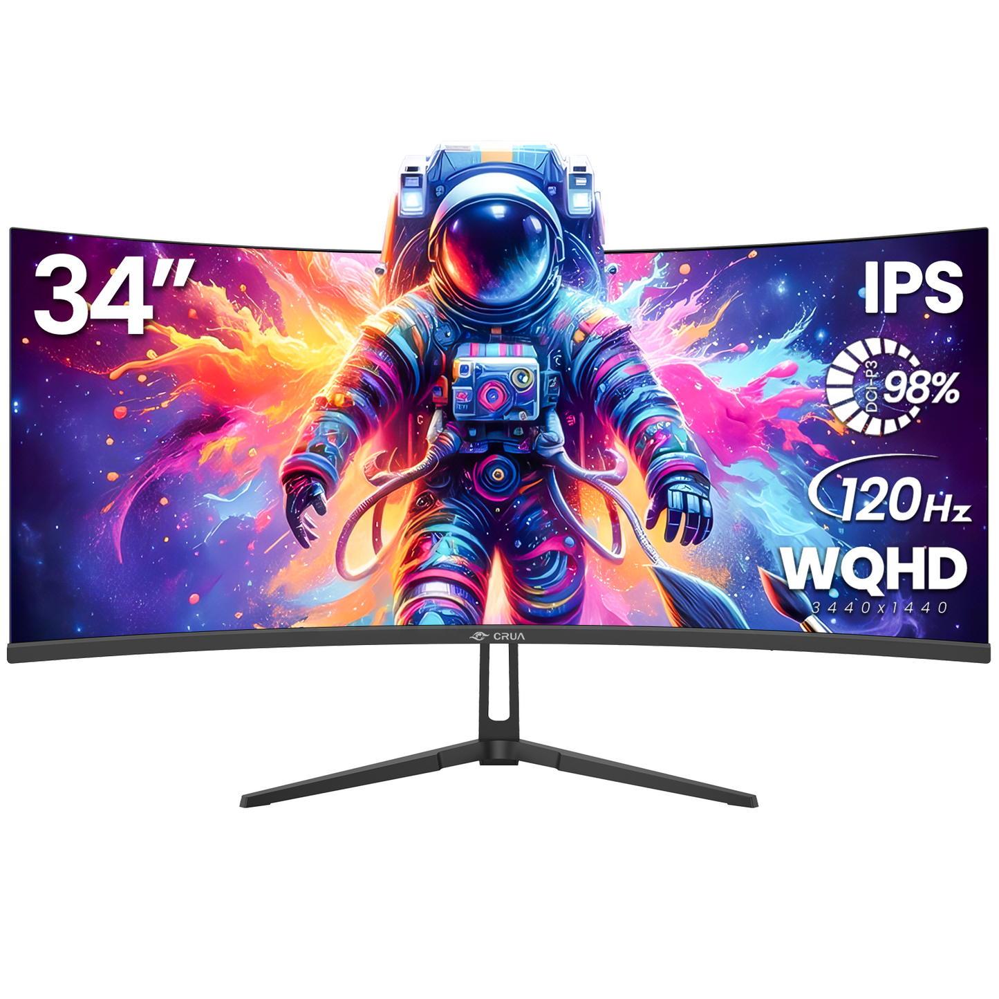 CRUA 34-inch IPS Curved Gaming Monitor, WQHD 3440x1440, 120Hz Computer Monitor, 1900R, 120% sRGB, FreeSync, HDMI 2.0 & DP 1.4, Wall Mountable - Black