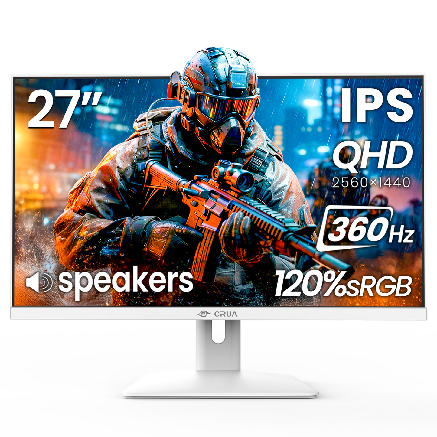 CRUA 27 Inch Gaming Monitor 360HZ, 2K QHD 2560x1440 IPS Panel White Computer Monitors with Built in Speakers, Support AMD FreeSync, 120% sRGB, Blue Light Filter, DP1.4 & HDMI2.1, Wall Mountable