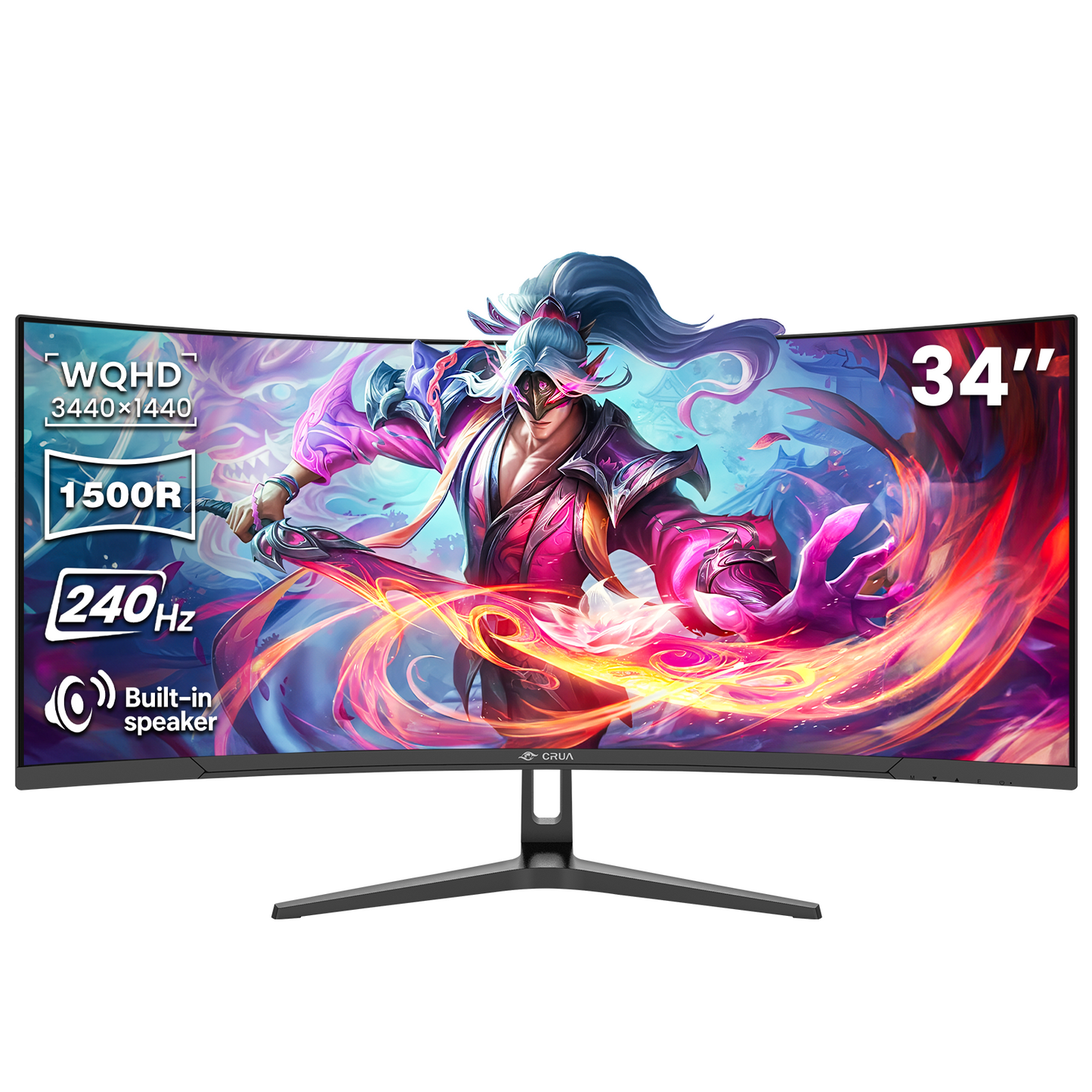 CRUA 34" WQHD 240Hz Ultrawide Curved Gaming Monitor, 1500R, FreeSync, Black 3440x1440 VA Screen With 120%sRGB, Built-In Speakers, HDMI 2.1/DP 1.4 and 75x75mm Wall Mount For Gaming, Streaming and Work