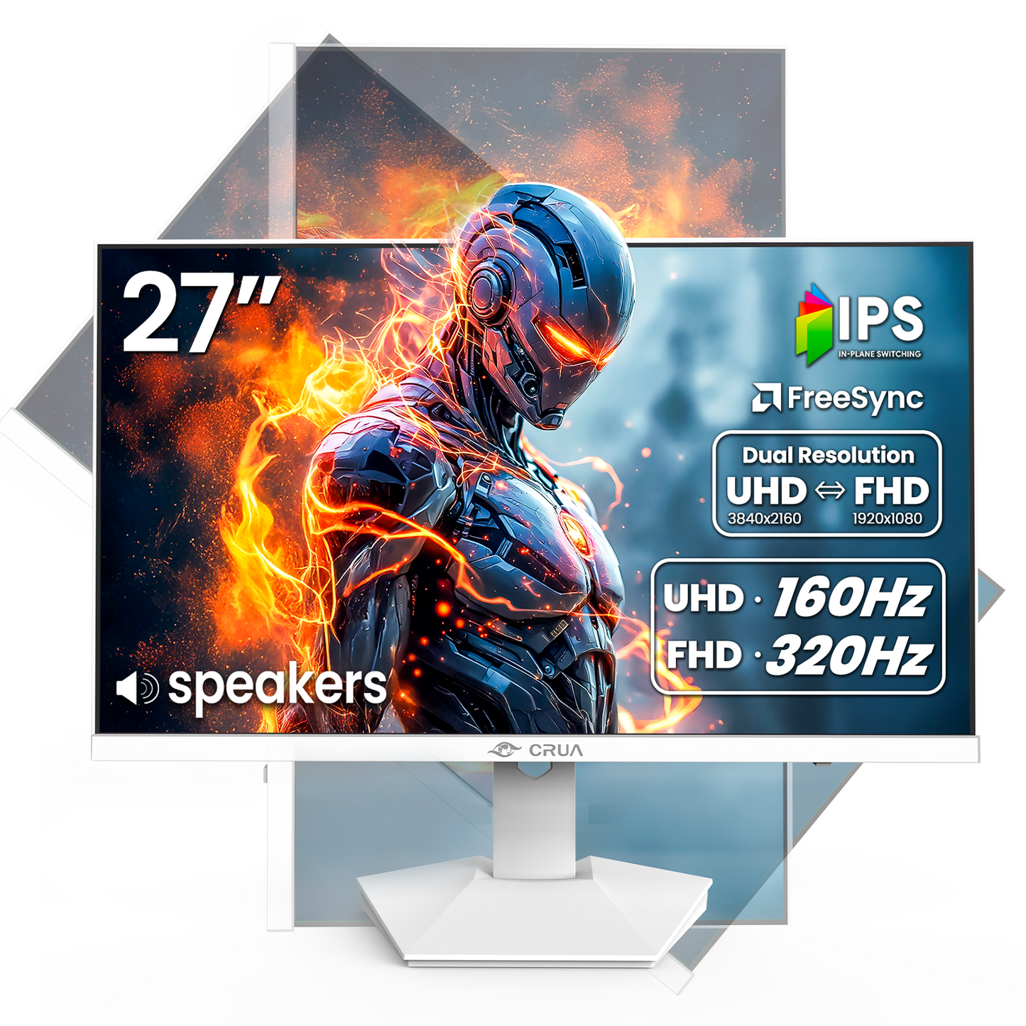 CRUA 27” Gaming Monitor, UHD (3840x2160) Dual Mode (4K 160Hz or FHD 320Hz), 120% sRGB, Support FreeSync, Built-in Speakers, RGB Lighting, HDMI & DP, Height adjustable, Wall Mount Install-White