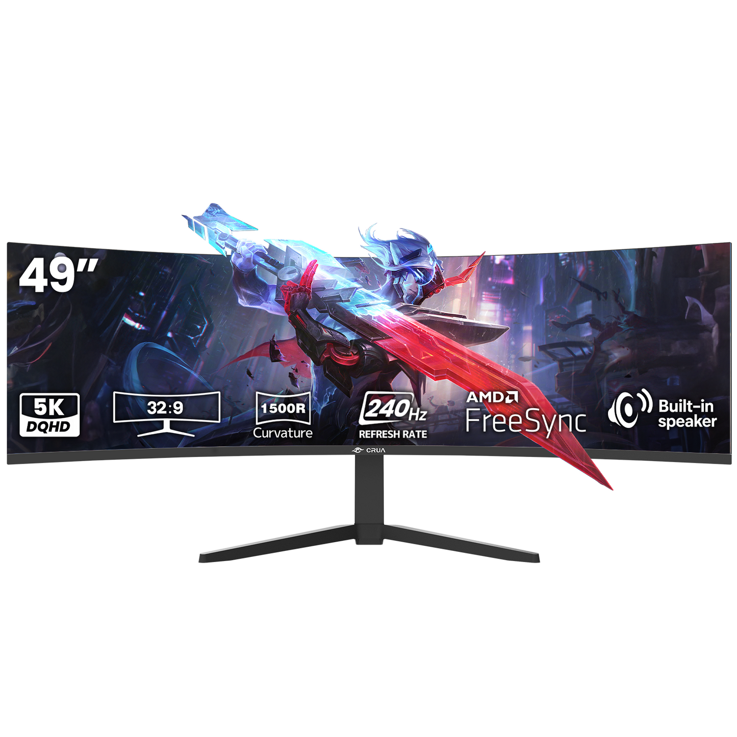 CRUA 49 Inch Ultra-Wide Curved Gaming Monitor | 240Hz | DQHD 5120x1440p | 1500R Curve | AMD FreeSync | Built-in Speakers | Wall Mount Install，Height adjustable | HDMI & DP, Black