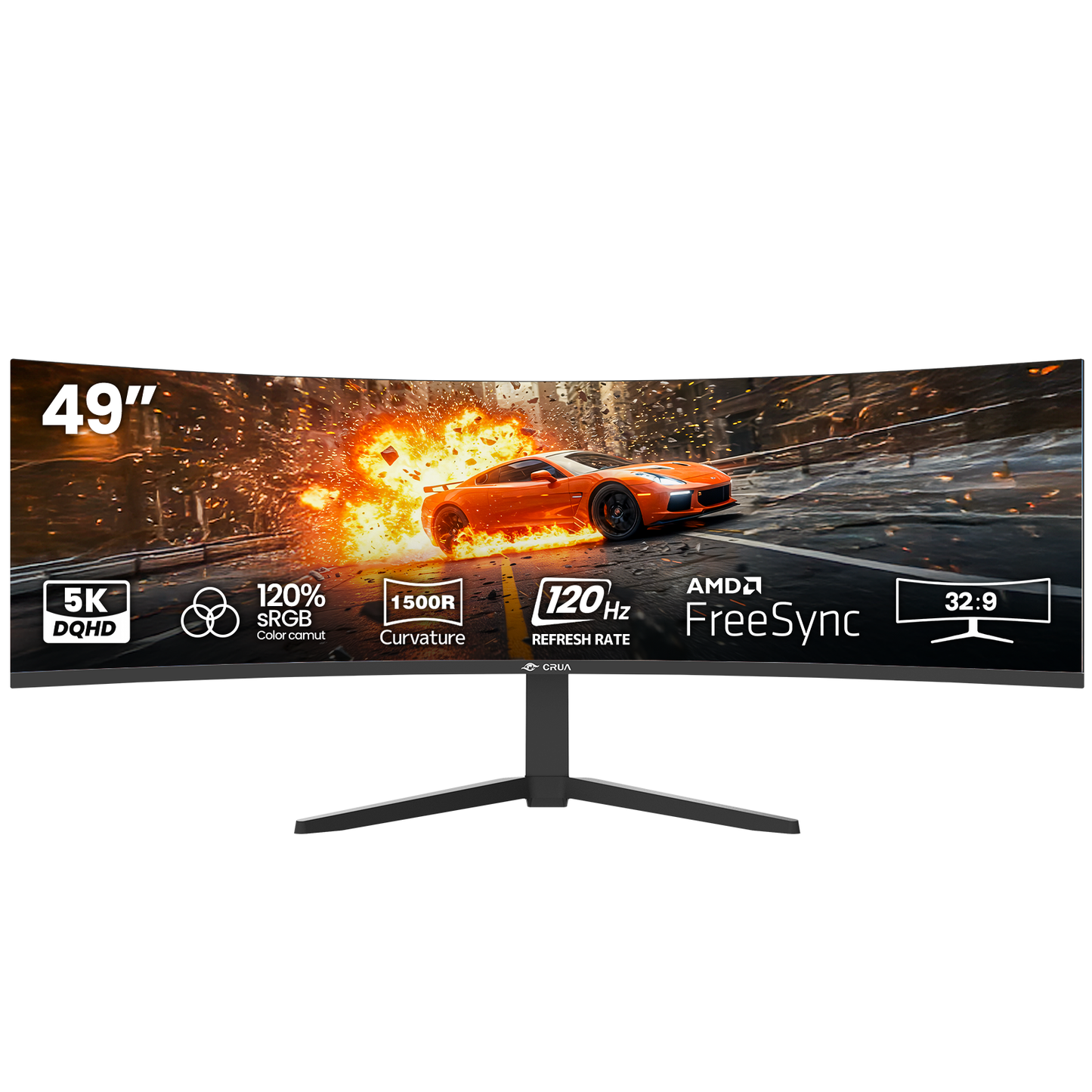 CRUA 49 Inch Ultra-Wide Curved Gaming Monitor | 120Hz | DQHD 5120x1440p | 1500R Curve | AMD FreeSync | Built-in Speakers | Wall Mount | HDMI & DP, Black
