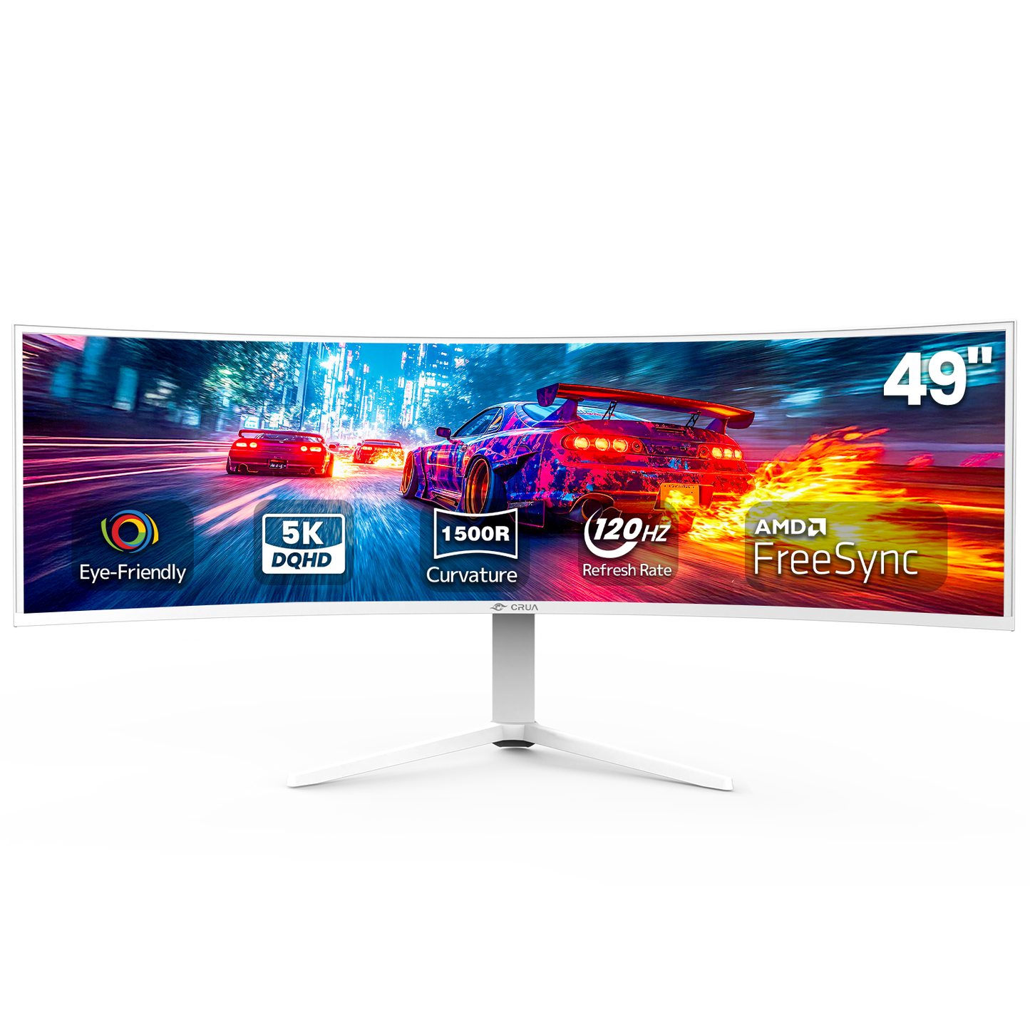 CRUA 49 Inch Ultra-Wide Curved Gaming Monitor, 120Hz, DQHD (5120x1440p), 1500R,FreeSync, 32:9, 120% sRGB, HDMI & DP, Height adjustable, Built-in Speakers, Wall Mount Install, White