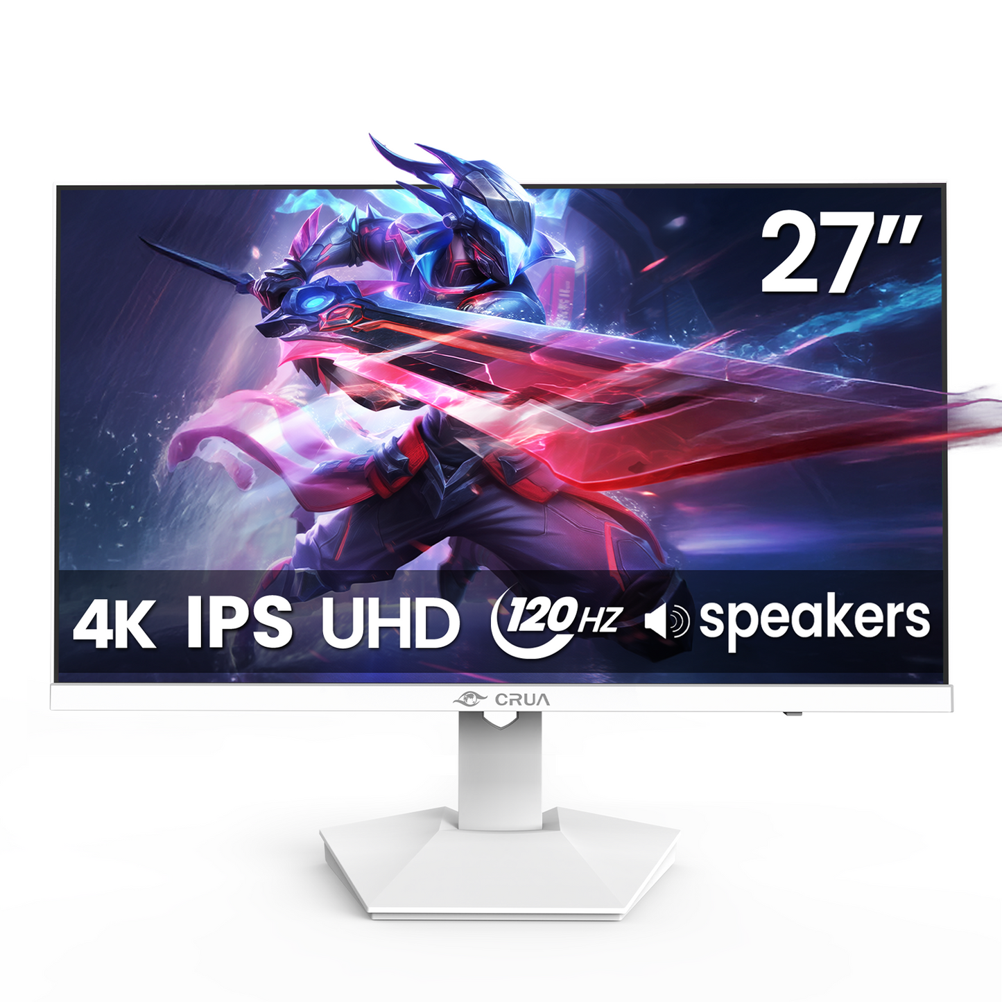 CRUA 27" 4K 120Hz Gaming Monitor, IPS White PC Monitor, Built-in Speakers 120% sRGB, FreeSync, HDMI 2.1, DP 1.4, 178° Wide View, Tilt Adjustable, 75x75mm Wall Mount, for Gaming, Work & Entertainment