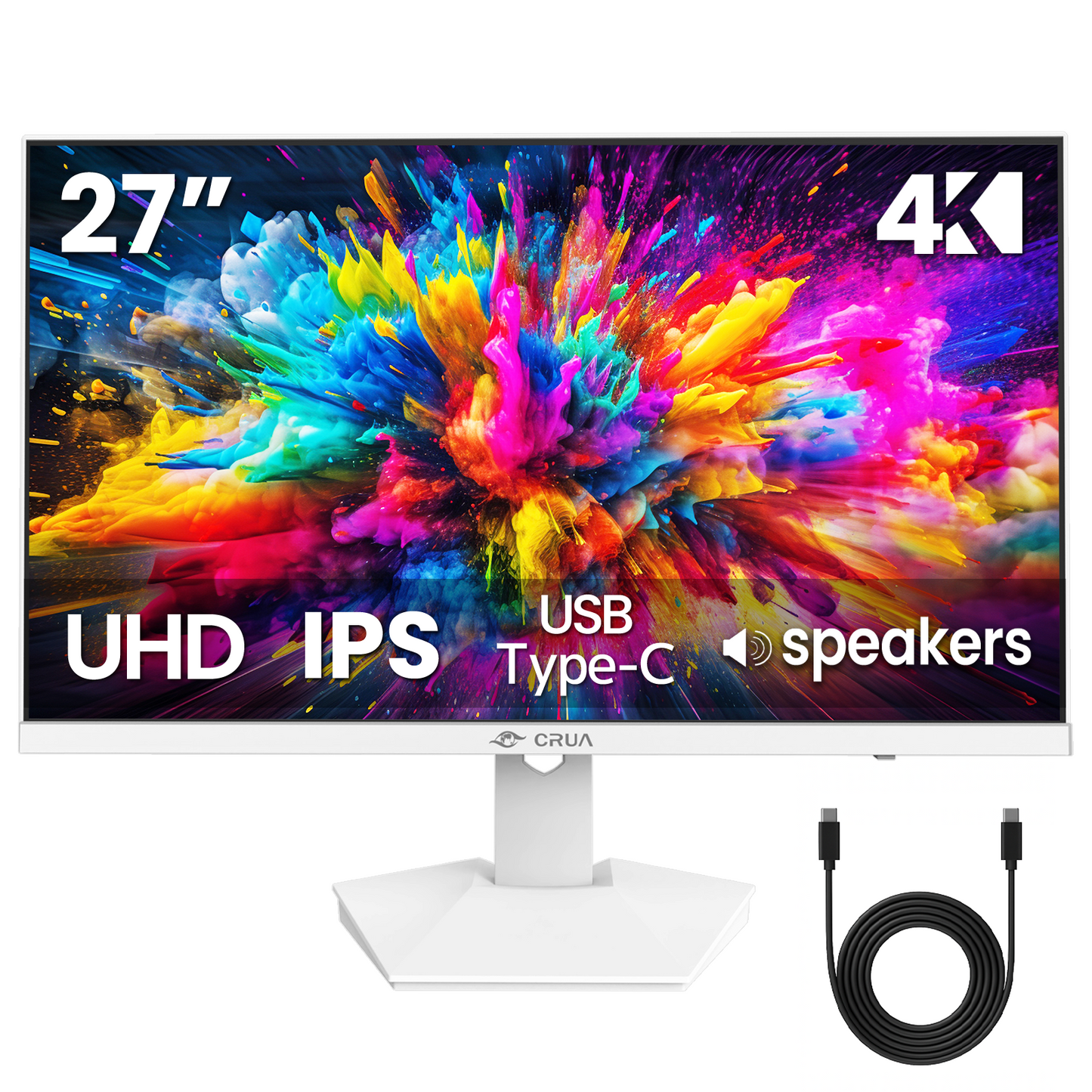 CRUA 27" 4K White Monitor, UHD(3840x2160P) IPS Panel, 60Hz Computer Monitor, Supports AMD Freesync, USB Type-C, 120% sRGB, Built-in Speakers, Wall Mountable, for Work, Streaming, and Home Office