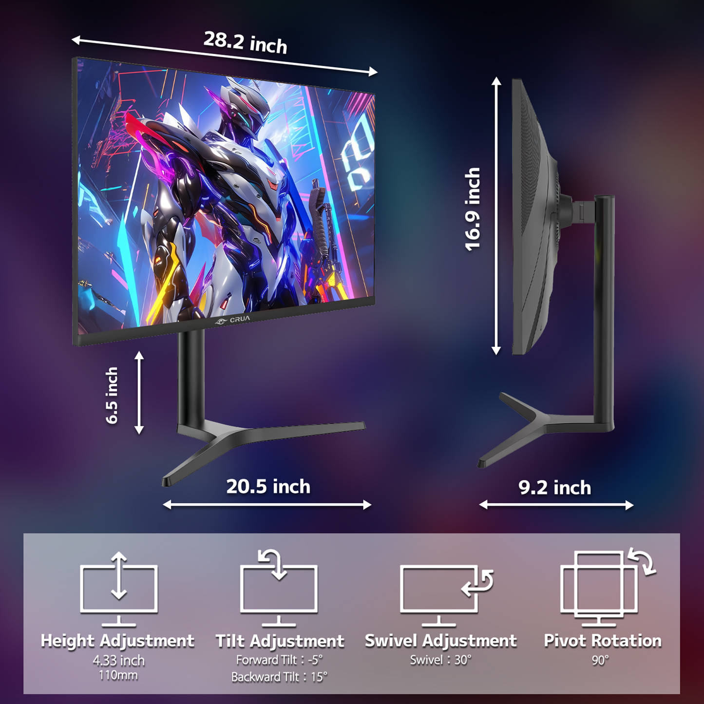 CRUA 32'' 4K Gaming Monitor 160Hz, UHD 3840x2160 IPS Screen, Height/Pivot/Swivel/Tilt Adjustable Vertical Monitor, Support FreeSync, Built-in Speakers, 120% sRGB, PIP/PBP, HDMI 2.0 & DP 1.4-Black