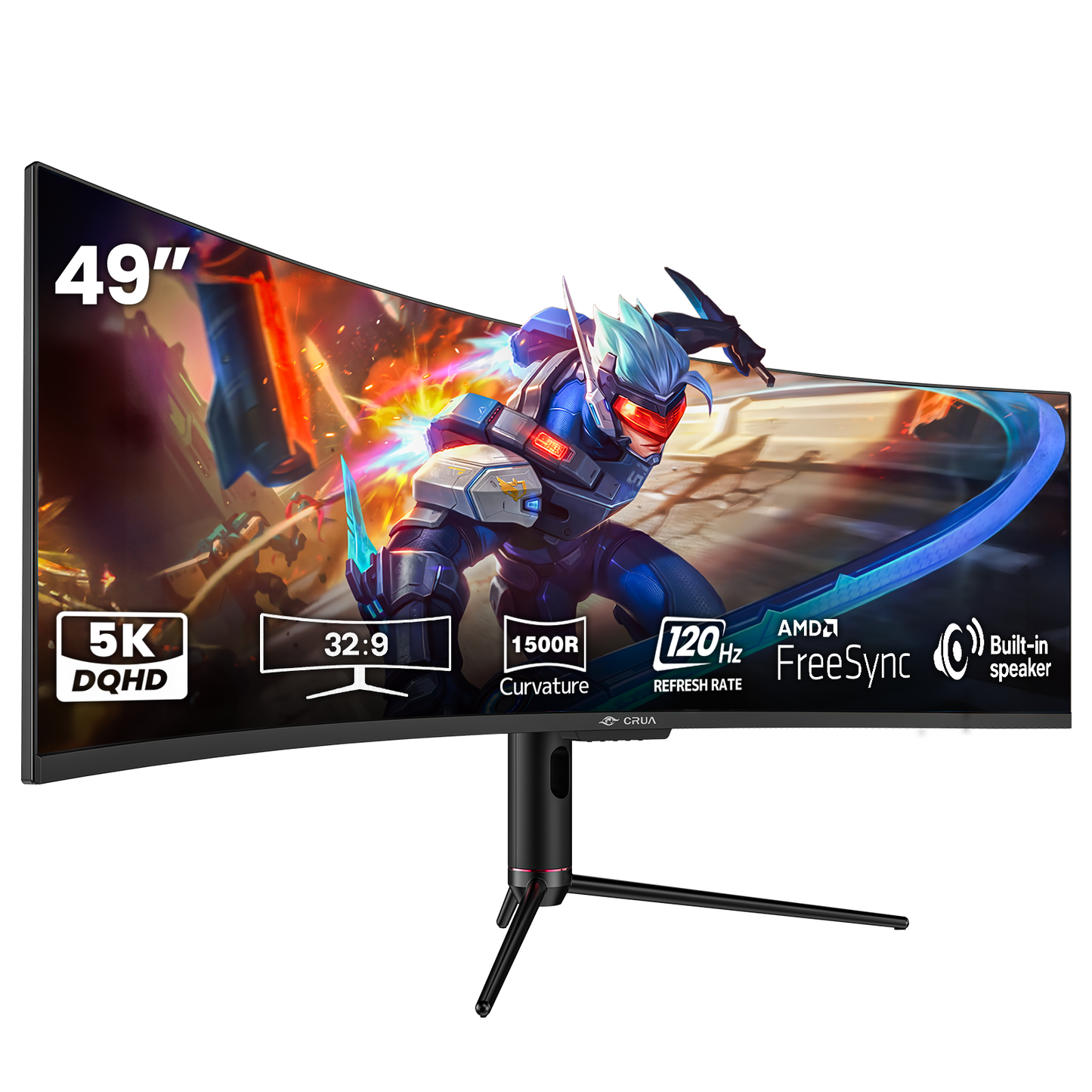CRUA 49" DQHD 120Hz Curved Gaming Monitor, 32:9 1500R Ultrawide PC Monitor 120% sRGB, HDMI 2.0, DP 1.4, USB-/A/B 2.0, Type-C 65W, Built-in Speakers, Height & Swivel Adjustable,75x75mm Wall Mount-Black