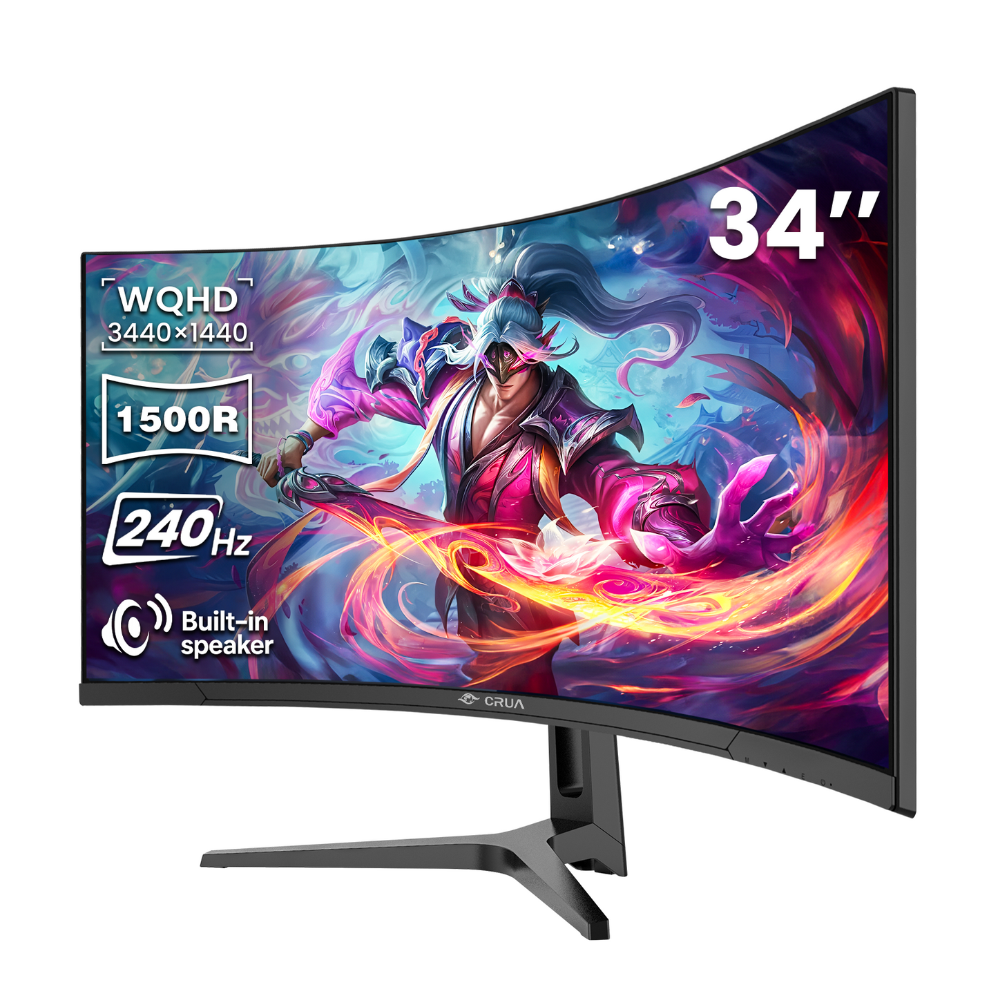 CRUA 34" WQHD 240Hz Ultrawide Curved Gaming Monitor, 1500R, FreeSync, Black 3440x1440 VA Screen With 120%sRGB, Built-In Speakers, HDMI 2.1/DP 1.4 and 75x75mm Wall Mount For Gaming, Streaming and Work