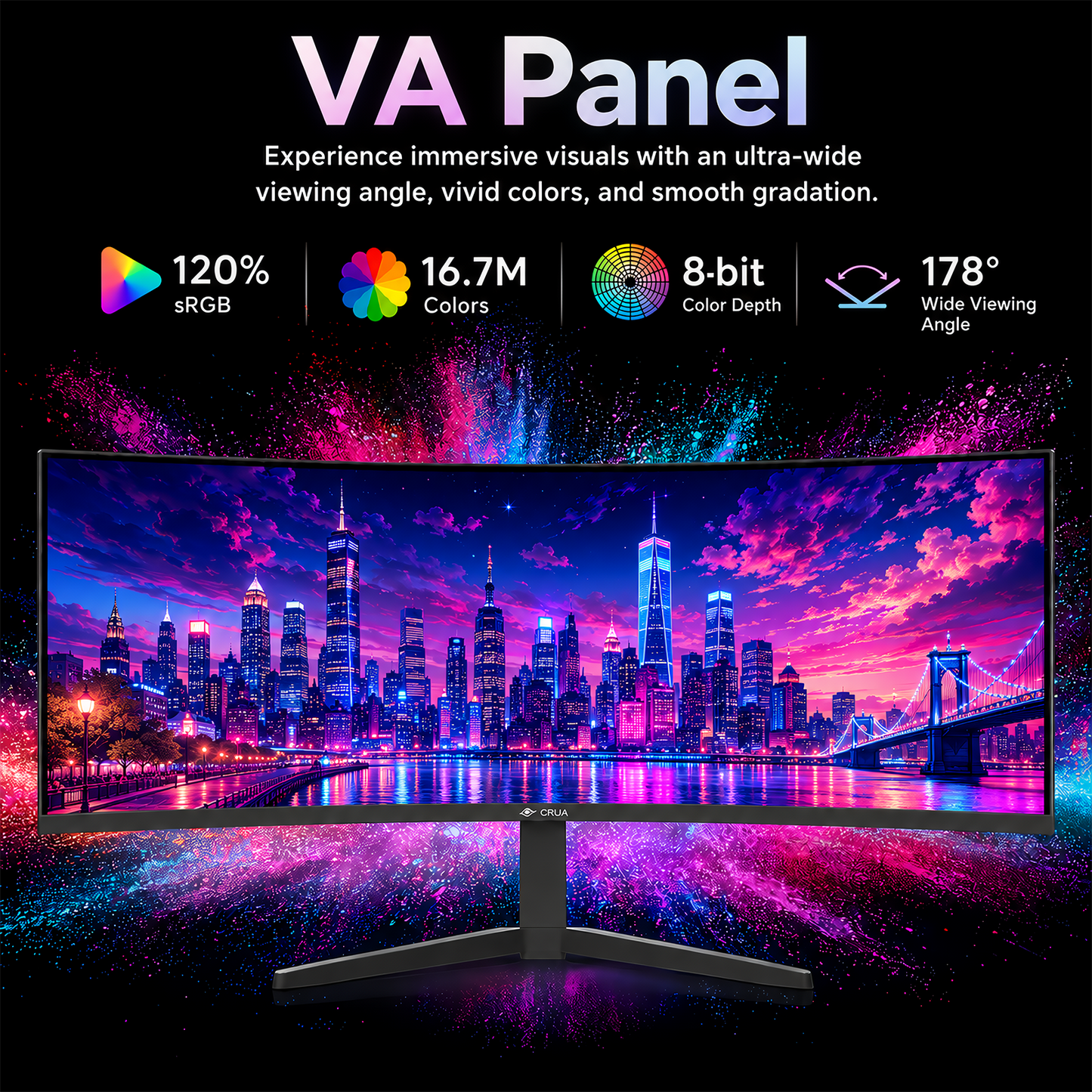 CRUA 49 Inch Ultra-Wide Curved Gaming Monitor | 240Hz | DQHD 5120x1440p | 1500R Curve | AMD FreeSync | Built-in Speakers | Wall Mount Install，Height adjustable | HDMI & DP, Black