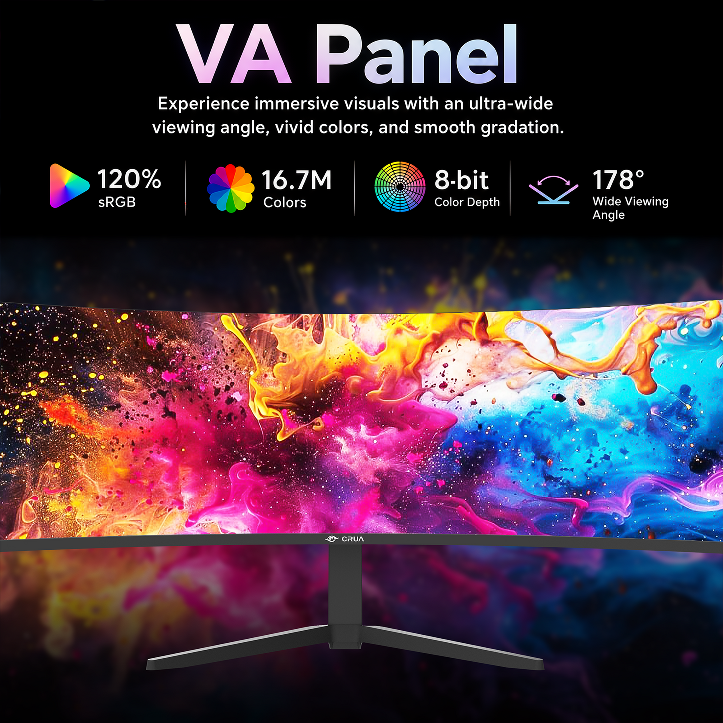 CRUA 49" DQHD 240Hz Ultrawide Curved Gaming Monitor, 1500R, FreeSync, Black | 32:9 VA Panel, 120%sRGB, 3000:1 Contrast, Built-In Speakers, Height-Adjustable Stand, HDMI 2.1/DP 1.4 and 75x75mm Wall Mount