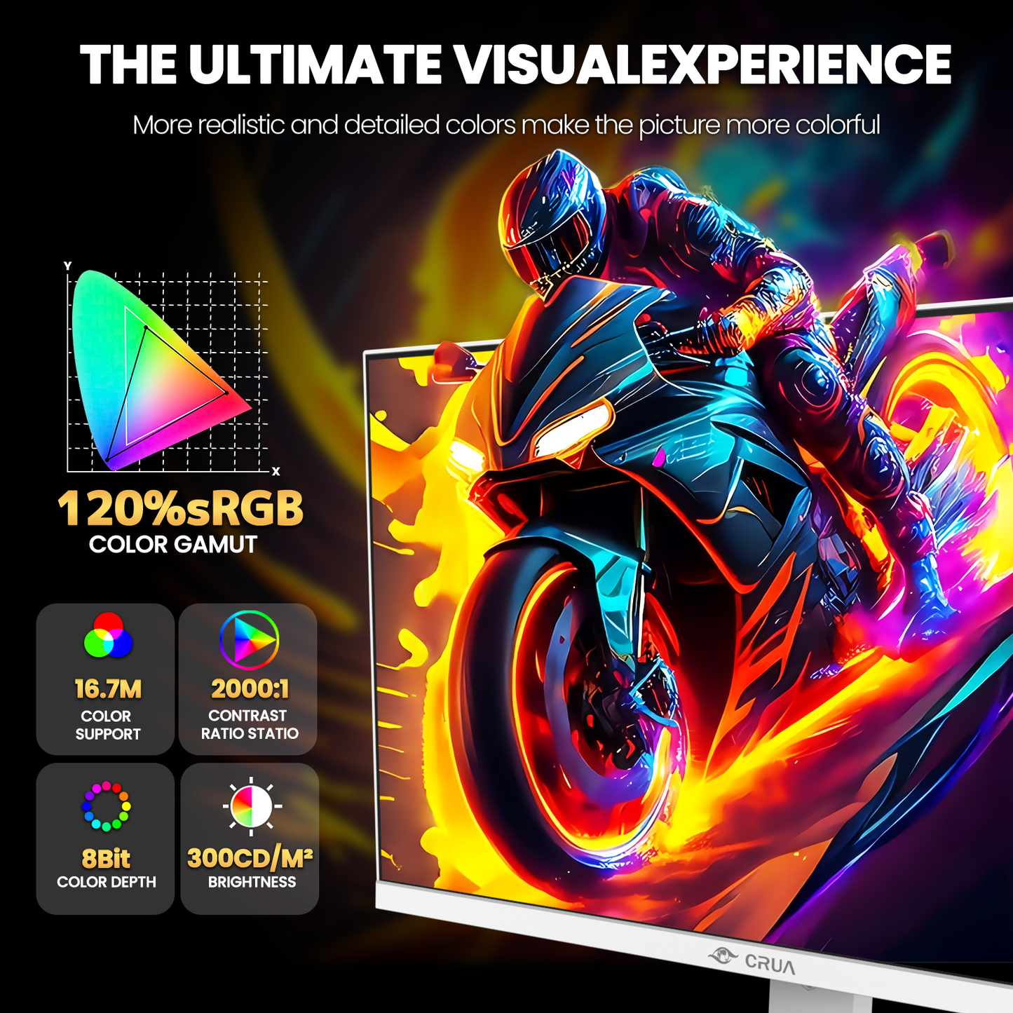 CRUA 27” Gaming Monitor, UHD (3840x2160) Dual Mode (4K 160Hz or FHD 320Hz), 120% sRGB, Support FreeSync, Built-in Speakers, Height adjustable, RGB Lighting, HDMI & DP, Wall Mount Install-White