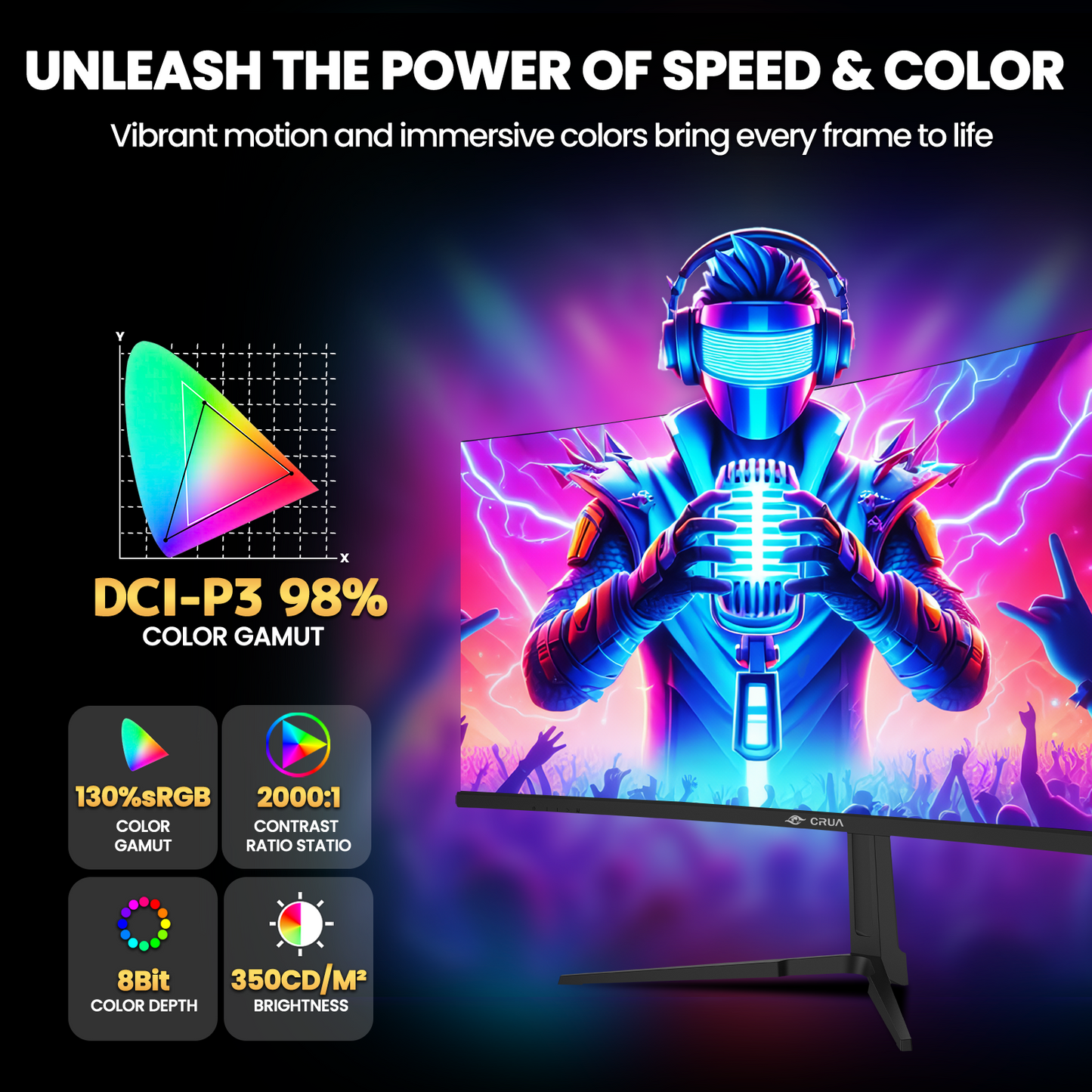 CRUA 34-inch IPS Curved Gaming Monitor, WQHD 3440x1440, 120Hz Computer Monitor, 1900R, 120% sRGB, FreeSync, HDMI 2.0 & DP 1.4, Wall Mountable - Black