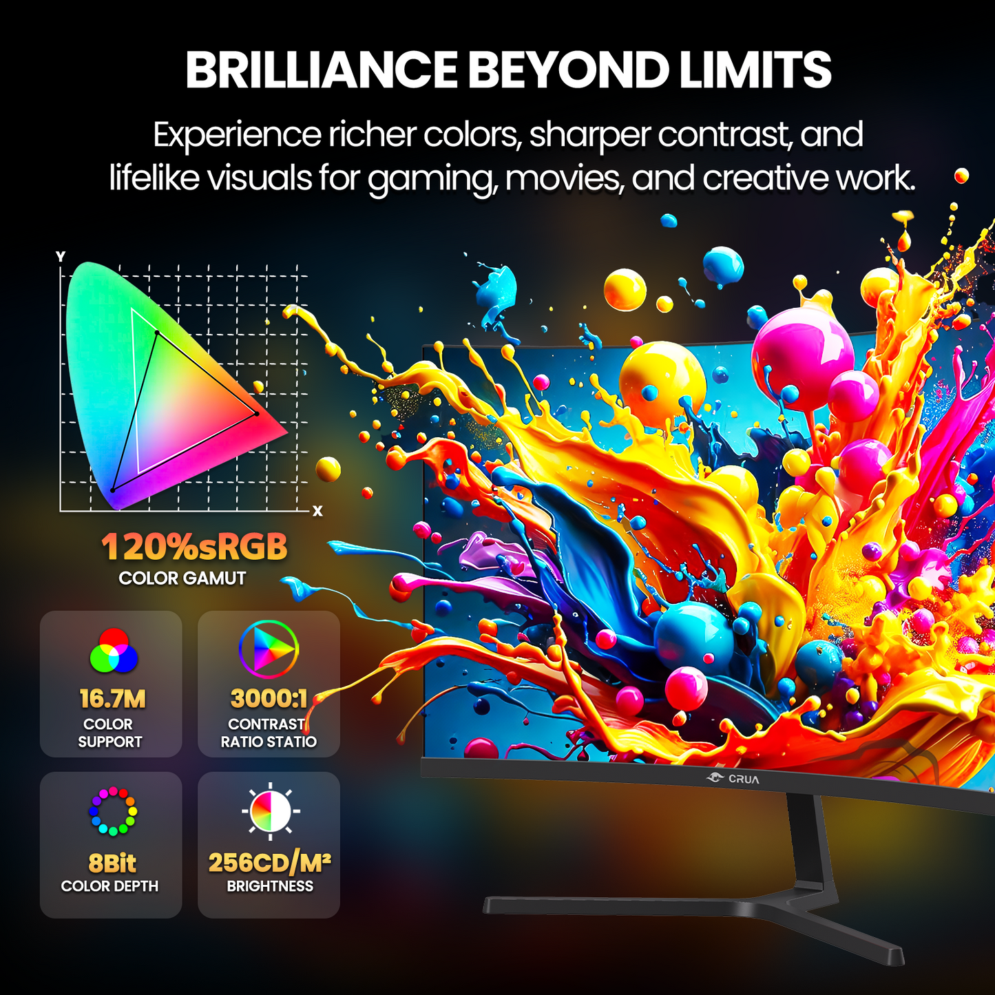 CRUA 24.5"120Hz Gaming Monitor, IPS FHD(1920x1080P) Computer monitor , FreeSync, 120% sRGB, Built-in Speakers，support Wall Mountable-Black
