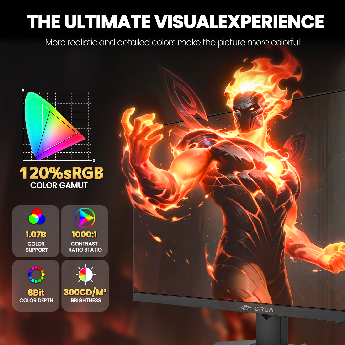 CRUA 27 inch Gaming Monitor, IPS UHD(3840x2160P) 160Hz, 120% SRGB, Support FreeSync, Height adjustable, Lighting effects, Built-in Speakers, HDMI & DP, Black