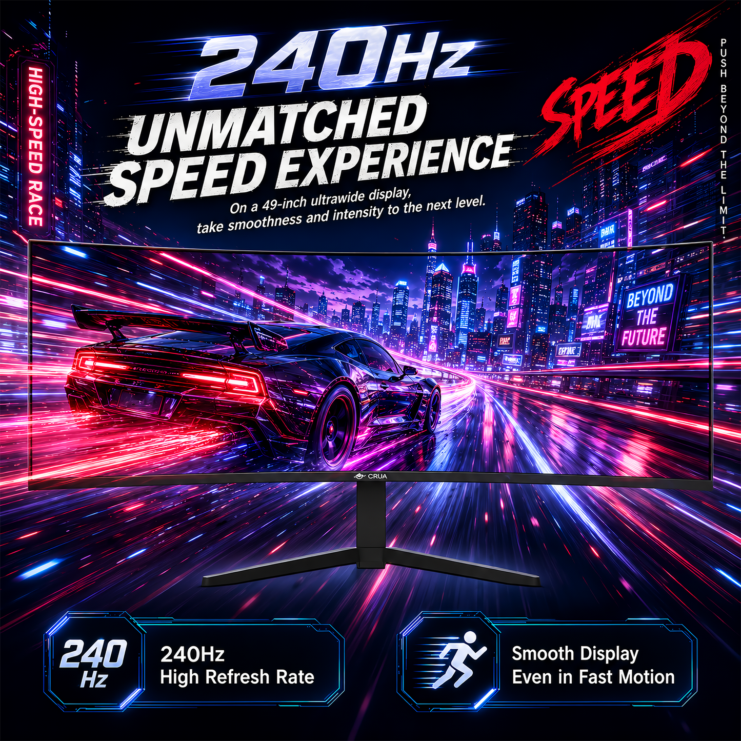 CRUA 49 Inch Ultra-Wide Curved Gaming Monitor | 240Hz | DQHD 5120x1440p | 1500R Curve | AMD FreeSync | Built-in Speakers | Wall Mount Install，Height adjustable | HDMI & DP, Black