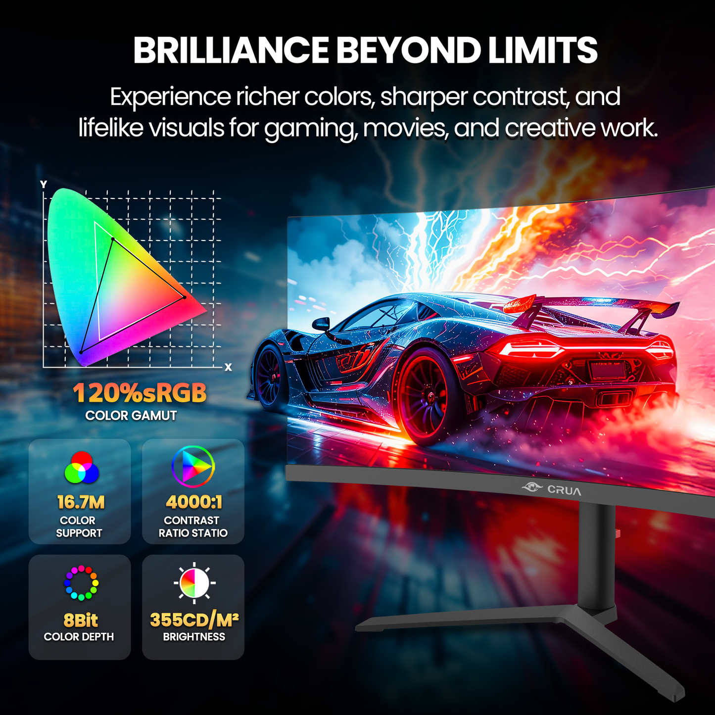 CRUA 34” Curved Ultrawide Gaming Monitor, 3440×1440 UWQHD, 165Hz, 3800R Curvature, Height Adjustable Stand, Built-in Speakers, HDMI & DisplayPort, Black