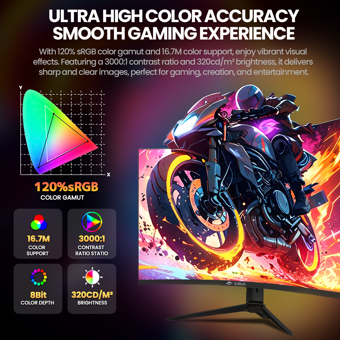 CRUA 27'' 2K 260Hz Curved Gaming Monitor, QHD 1440P,1800R, with Built-in Speakers, Support AMD FreeSync, 120% sRGB, Blue Light Filter, Wall Mountable-Black