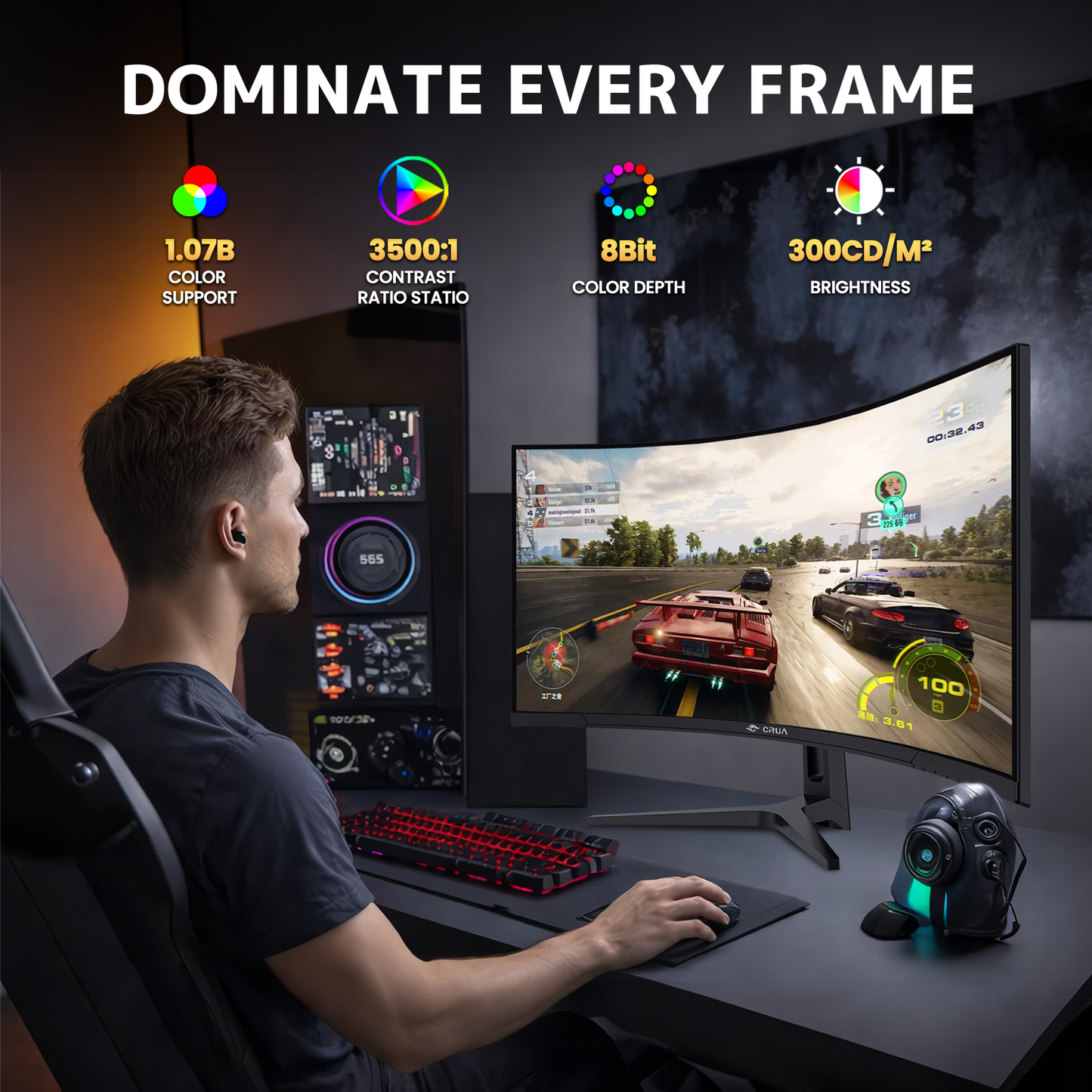 CRUA 34" WQHD 240Hz Ultrawide Curved Gaming Monitor, 1500R, FreeSync, Black 3440x1440 VA Screen With 120%sRGB, Built-In Speakers, HDMI 2.1/DP 1.4 and 75x75mm Wall Mount For Gaming, Streaming and Work