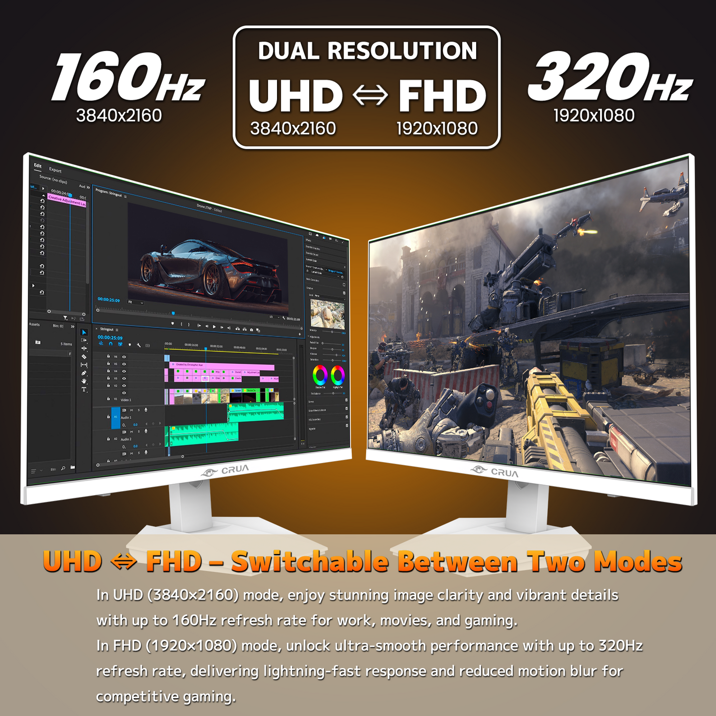 CRUA 27” Gaming Monitor, UHD (3840x2160) Dual Mode (4K 160Hz or FHD 320Hz), 120% sRGB, Support FreeSync, Built-in Speakers, Height adjustable, RGB Lighting, HDMI & DP, Wall Mount Install-White