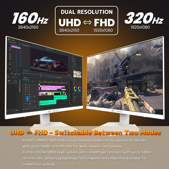 CRUA 27” Gaming Monitor, UHD (3840x2160) Dual Mode (4K 160Hz or FHD 320Hz), 120% sRGB, Support FreeSync, Built-in Speakers, RGB Lighting, HDMI & DP, Height adjustable, Wall Mount Install-White