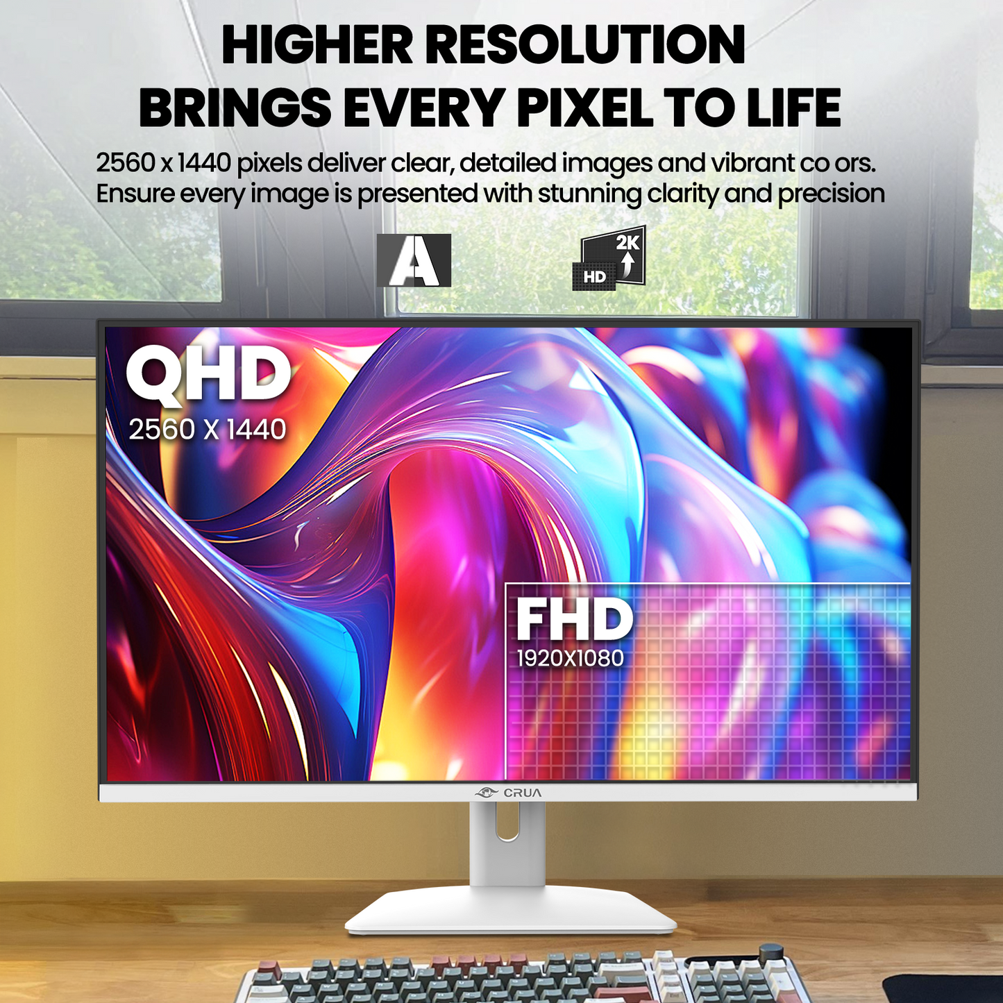 CRUA 32" 2K 75Hz IPS Computer Monitor, QHD 1440P with Build-in Speakers, 100% SRGB,FreeSync,HDMI Port-White