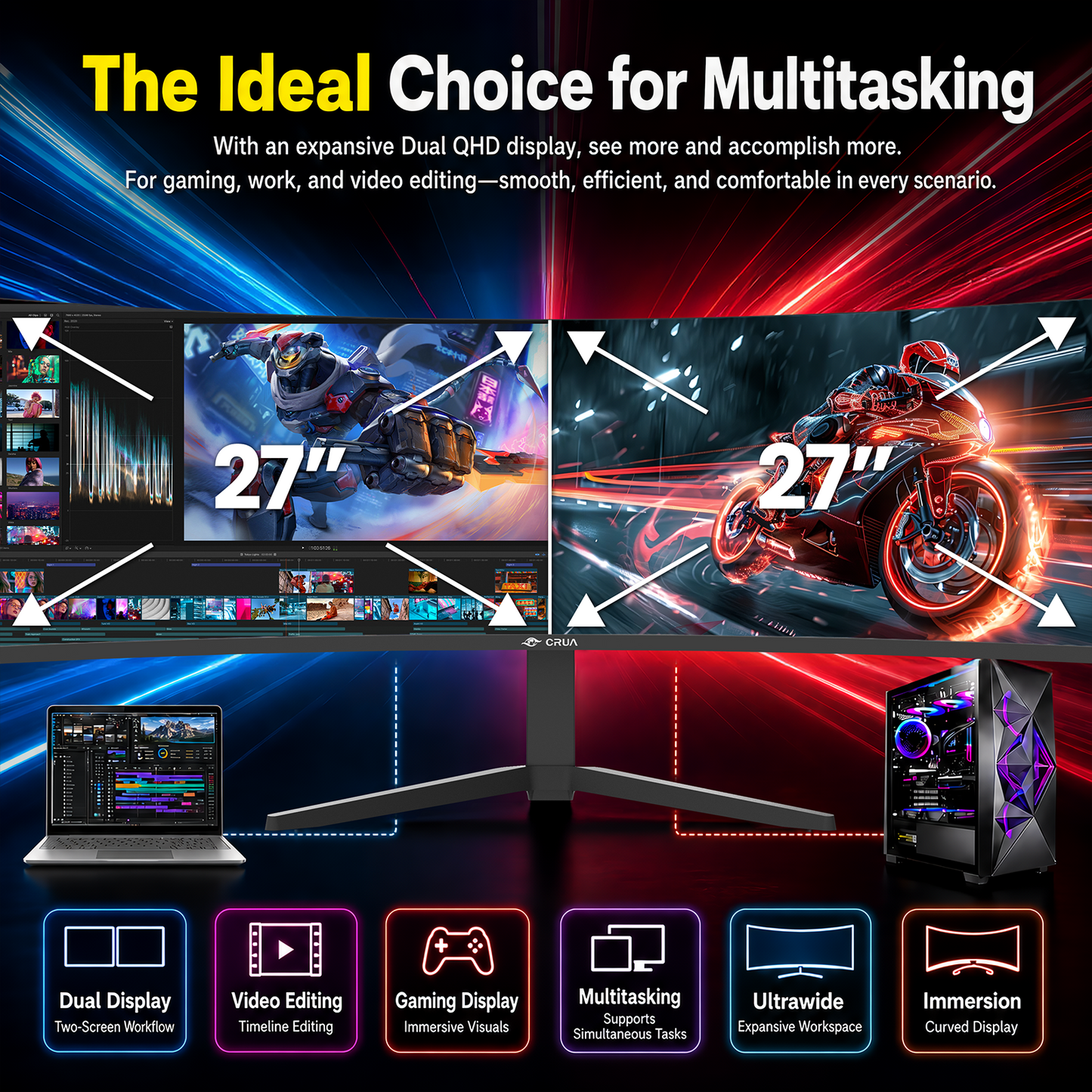 CRUA 49" DQHD 240Hz Ultrawide Curved Gaming Monitor, 1500R, FreeSync, Black | 32:9 VA Panel, 120%sRGB, 3000:1 Contrast, Built-In Speakers, Height-Adjustable Stand, HDMI 2.1/DP 1.4 and 75x75mm Wall Mount