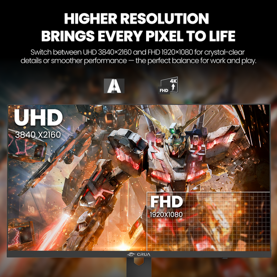CRUA 27 inch Gaming Monitor, IPS UHD(3840x2160P) 160Hz, 120% SRGB, Support FreeSync, Height adjustable, Lighting effects, Built-in Speakers, HDMI & DP, Black