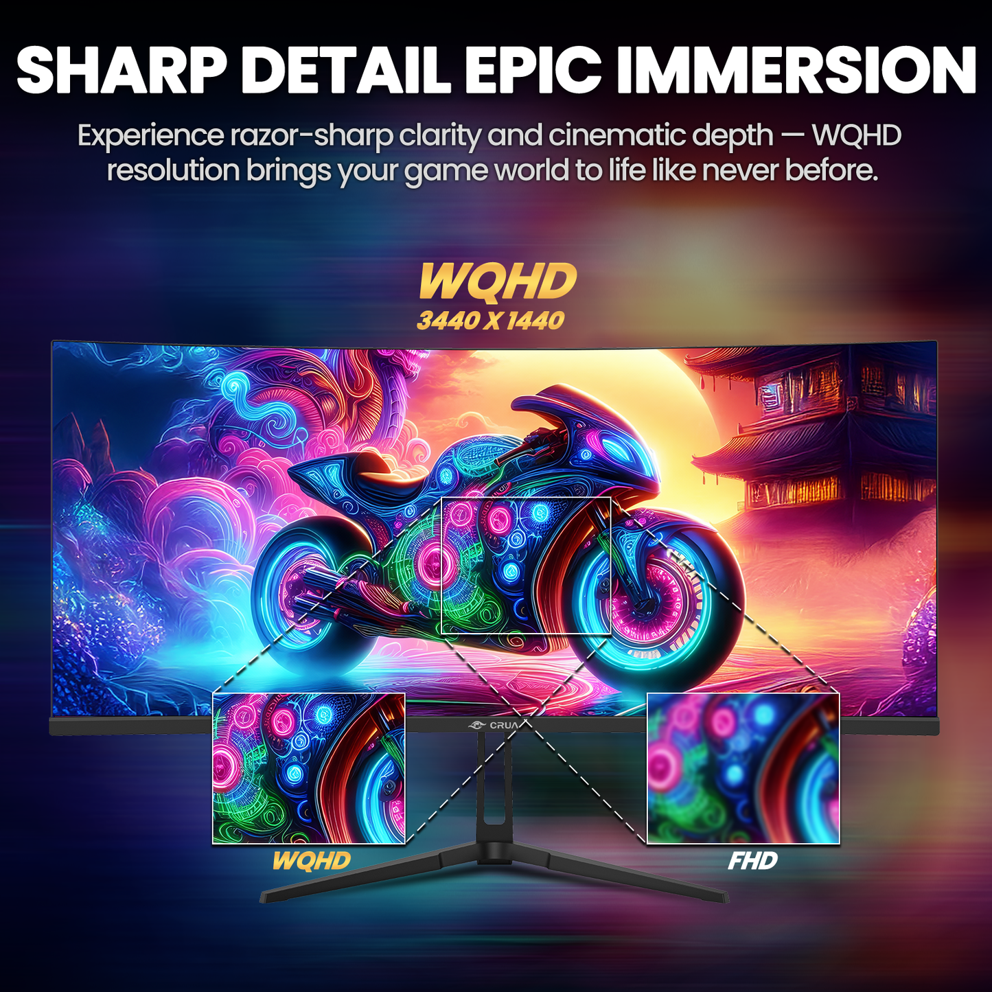 CRUA 34-inch IPS Curved Gaming Monitor, WQHD 3440x1440, 120Hz Computer Monitor, 1900R, 120% sRGB, FreeSync, HDMI 2.0 & DP 1.4, Wall Mountable - Black