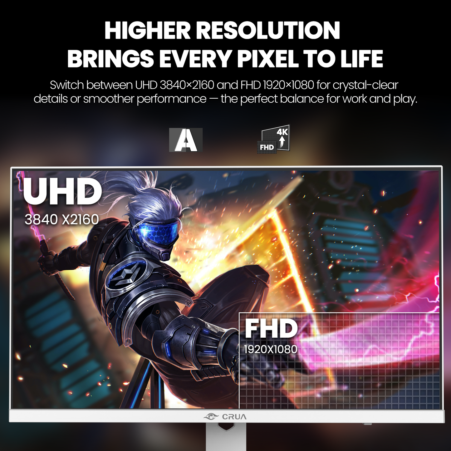 CRUA 27" 4K 120Hz Gaming Monitor, IPS White PC Monitor, Built-in Speakers 120% sRGB, FreeSync, HDMI 2.1, DP 1.4, 178° Wide View, Tilt Adjustable, 75x75mm Wall Mount, for Gaming, Work & Entertainment