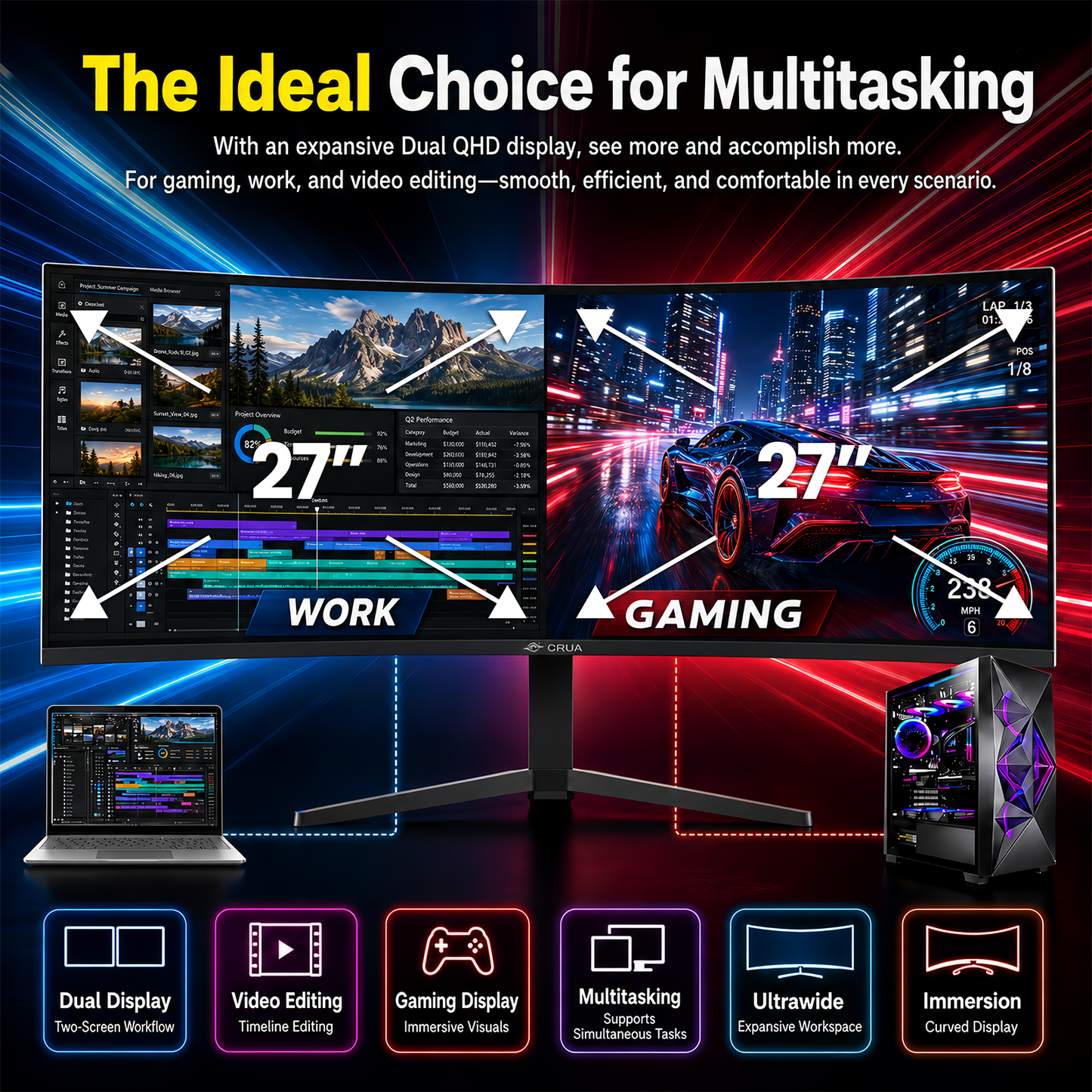 CRUA 49 Inch Ultra-Wide Curved Gaming Monitor | 240Hz | DQHD 5120x1440p | 1500R Curve | AMD FreeSync | Built-in Speakers | Wall Mount Install，Height adjustable | HDMI & DP, Black