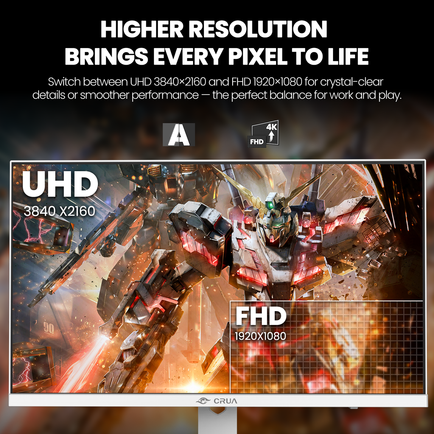 CRUA 27” Gaming Monitor, UHD (3840x2160) Dual Mode (4K 160Hz or FHD 320Hz), 120% sRGB, Support FreeSync, Built-in Speakers, RGB Lighting, HDMI & DP, Height adjustable, Wall Mount Install-White
