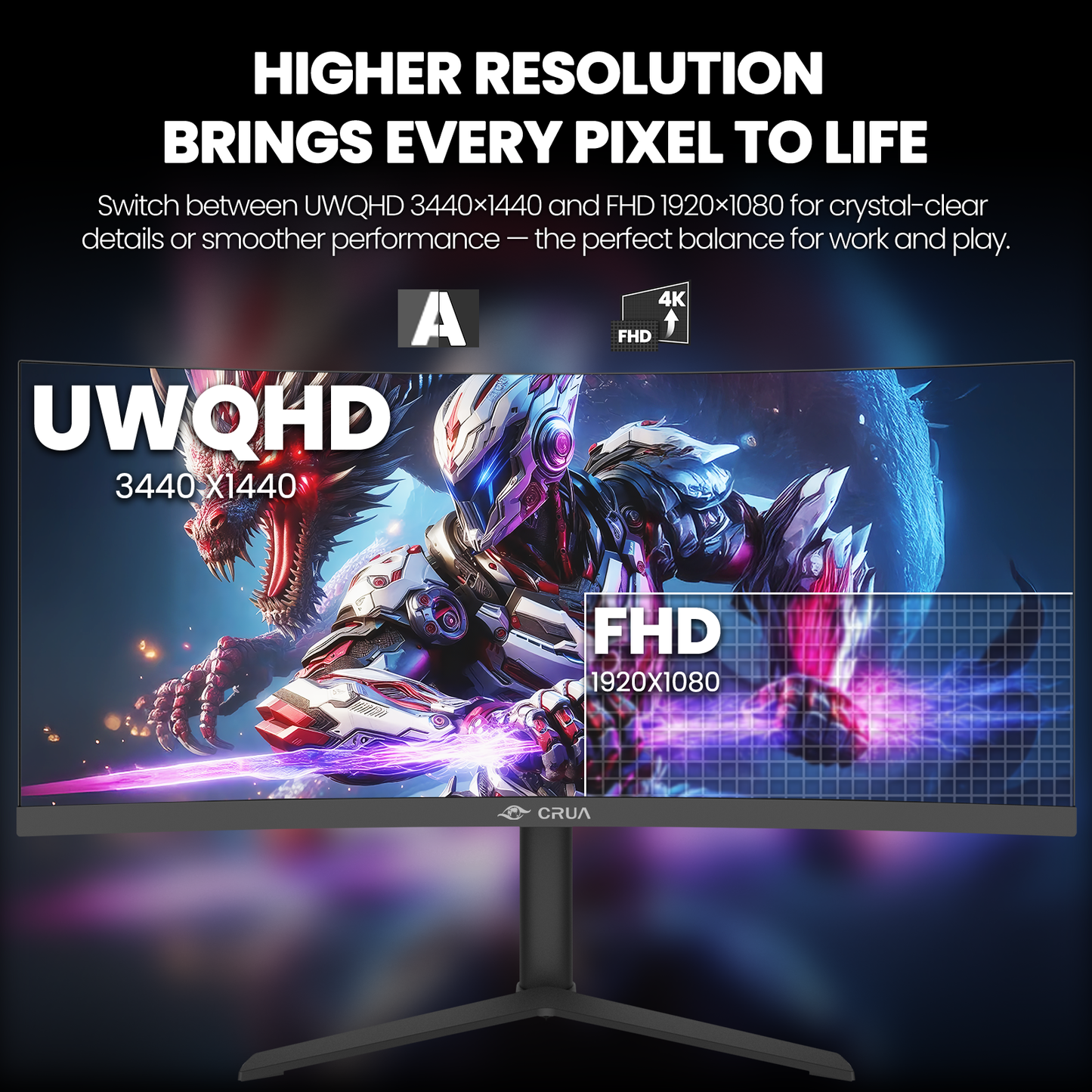 CRUA 34” Curved Ultrawide Gaming Monitor, 3440×1440 UWQHD, 165Hz, 3800R Curvature, Height Adjustable Stand, Built-in Speakers, HDMI & DisplayPort, Black
