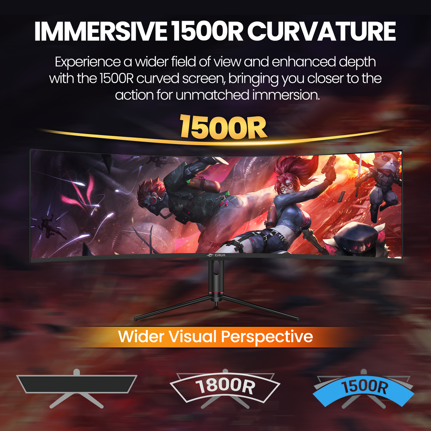CRUA 49" DQHD 120Hz Curved Gaming Monitor, 32:9 1500R Ultrawide PC Monitor 120% sRGB, HDMI 2.0, DP 1.4, USB-/A/B 2.0, Type-C 65W, Built-in Speakers, Height & Swivel Adjustable,75x75mm Wall Mount-Black