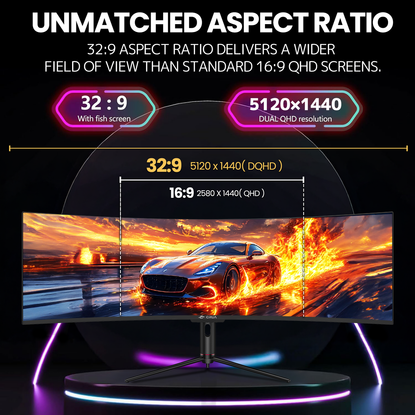CRUA 49 Inch Ultra-Wide Curved Gaming Monitor | 120Hz | DQHD 5120x1440p | 1500R Curve | AMD FreeSync | Built-in Speakers | Wall Mount | HDMI & DP&Type-c, Black