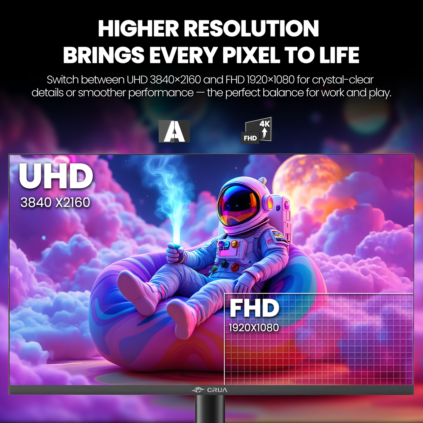 CRUA 32'' 4K Gaming Monitor 160Hz, UHD 3840x2160 IPS Screen, Height/Pivot/Swivel/Tilt Adjustable Vertical Monitor, Support FreeSync, Built-in Speakers, 120% sRGB, PIP/PBP, HDMI 2.0 & DP 1.4-Black