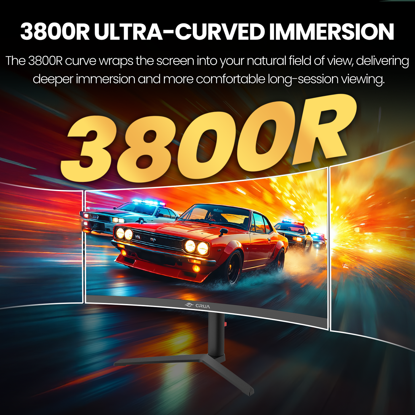 CRUA 34” Curved Ultrawide Gaming Monitor, 3440×1440 UWQHD, 165Hz, 3800R Curvature, Height Adjustable Stand, Built-in Speakers, HDMI & DisplayPort, Black