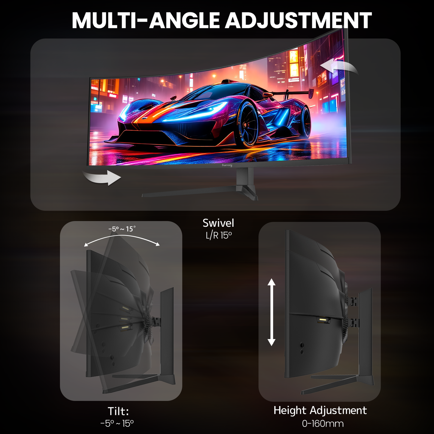CRUA 49" Curved Gaming Monitor | DQHD(5120 * 1440), 144Hz/165Hz, 1500R, 32:9, AMD FreeSync, 120% sRGB, Height Adjustable Ultra-Wide Computer Monitors, HDMI 2.1 & DP 1.4, Wall Mount Install- Black