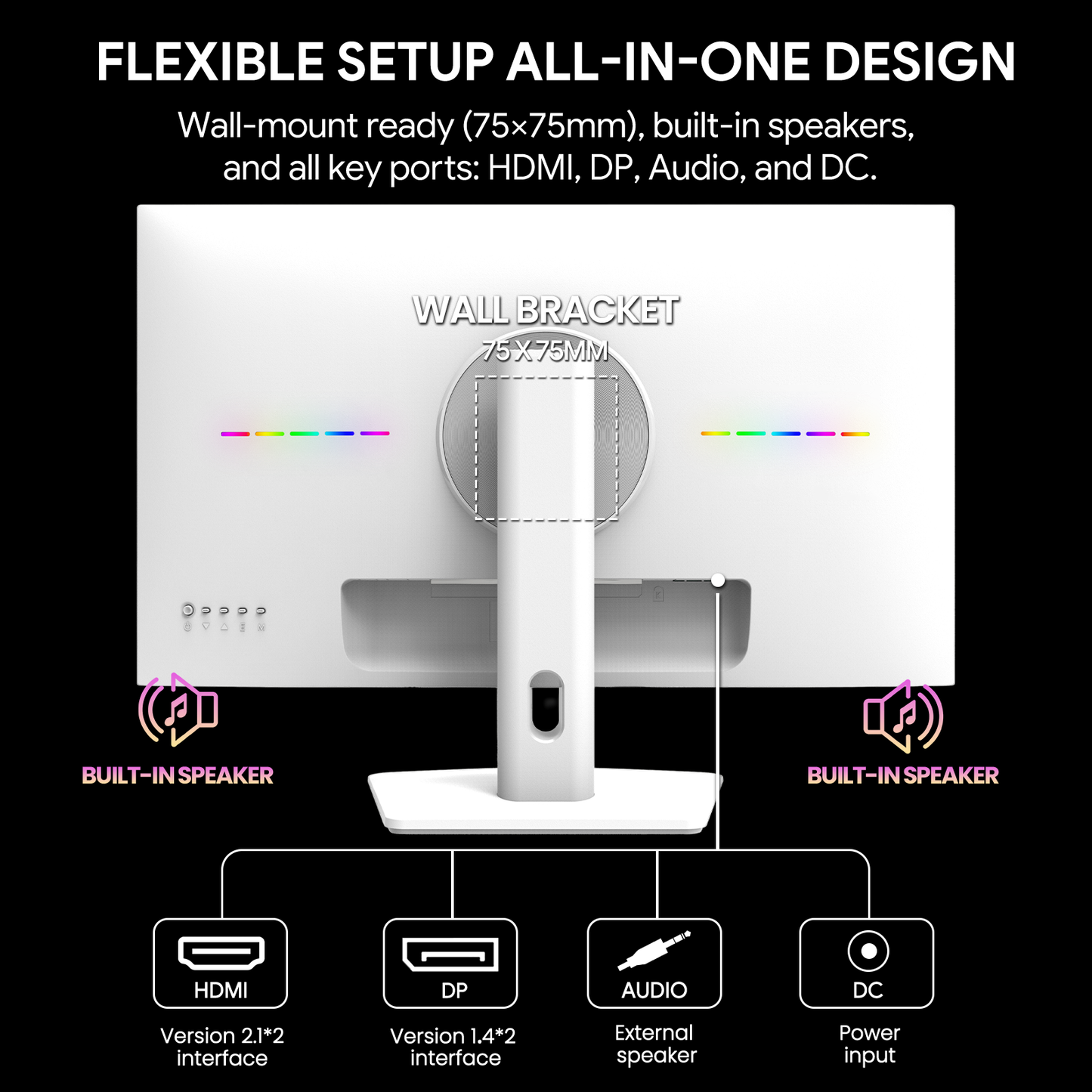 CRUA 27 Inch Gaming Monitor 360HZ, 2K QHD 2560x1440 IPS Panel White Computer Monitors with Built in Speakers, Support AMD FreeSync, 120% sRGB, Blue Light Filter, DP1.4 & HDMI2.1, Wall Mountable