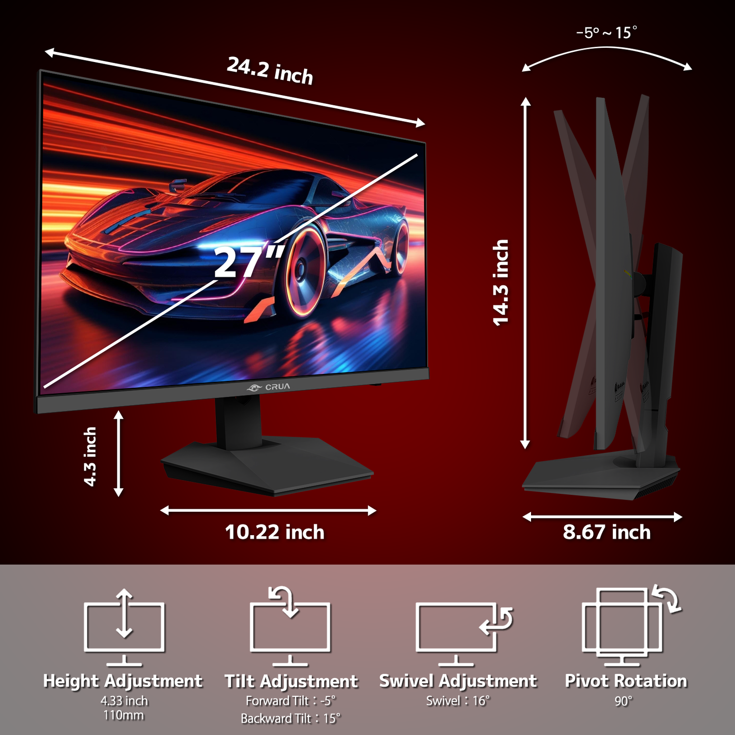 CRUA 27 inch Gaming Monitor, IPS UHD(3840x2160P) 160Hz, 120% SRGB, Support FreeSync, Height adjustable, Lighting effects, Built-in Speakers, HDMI & DP, Black