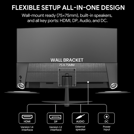 CRUA 24-inch 75HZ Curved Mnitor ，1500R, FHD ,HDMI/DP/Audio,  75×75mm Black