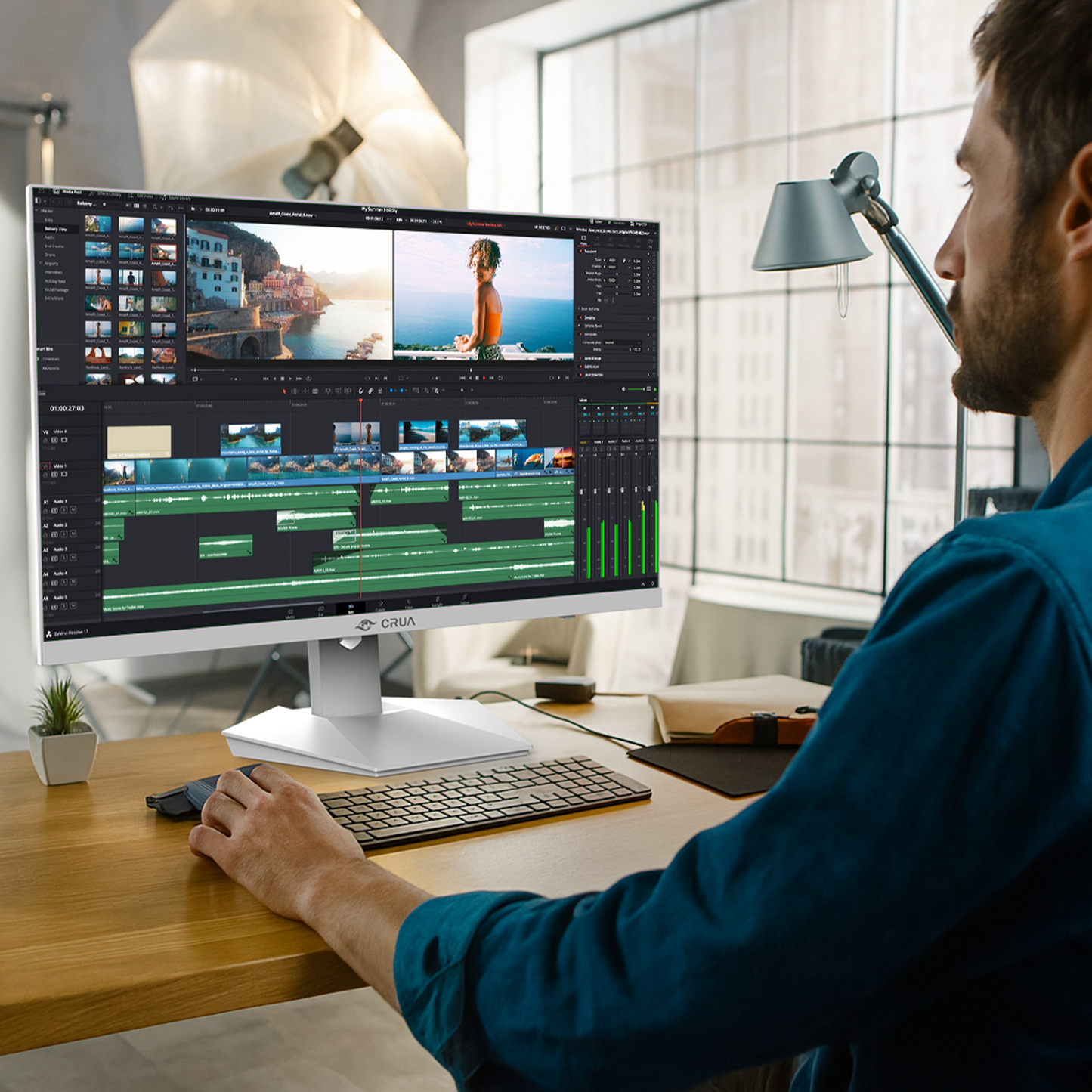 CRUA 27" 4K White Monitor, UHD(3840x2160P) IPS Panel, 60Hz Computer Monitor, Supports AMD Freesync, USB Type-C, 120% sRGB, Built-in Speakers, Wall Mountable, for Work, Streaming, and Home Office