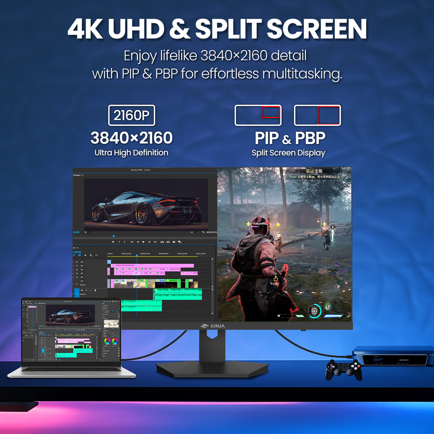 CRUA 27 inch Gaming Monitor, IPS UHD(3840x2160P) 160Hz, 120% SRGB, Support FreeSync, Height adjustable, Lighting effects, Built-in Speakers, HDMI & DP, Black