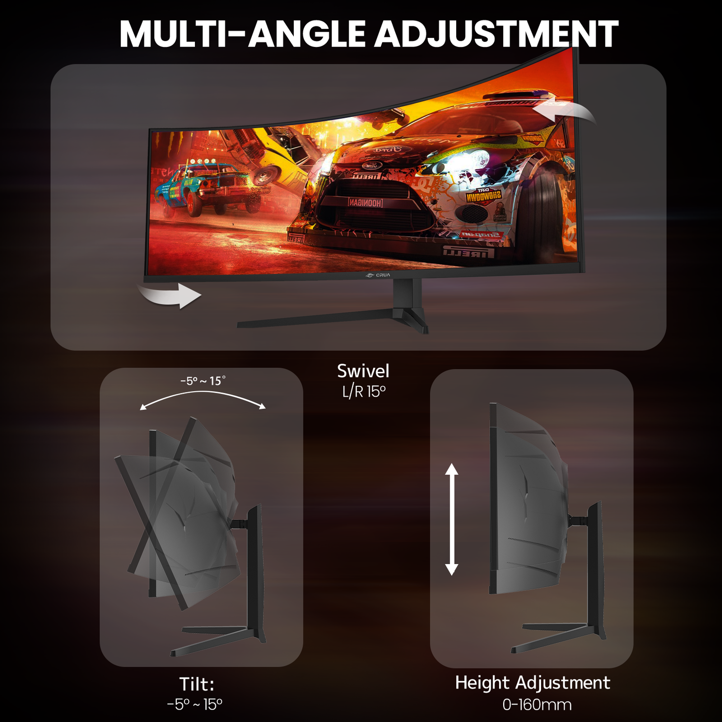 CRUA 49 Inch Ultra-Wide Curved Gaming Monitor | 120Hz | DQHD 5120x1440p | 1500R Curve | AMD FreeSync | Built-in Speakers | Wall Mount | HDMI & DP, Black