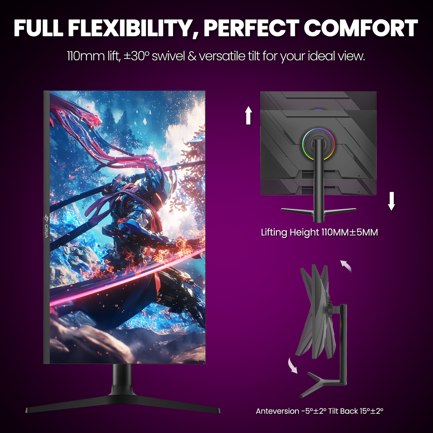 CRUA 32'' 4K Gaming Monitor 160Hz, UHD 3840x2160 IPS Screen, Height/Pivot/Swivel/Tilt Adjustable Vertical Monitor, Support FreeSync, Built-in Speakers, 120% sRGB, PIP/PBP, HDMI 2.0 & DP 1.4-Black