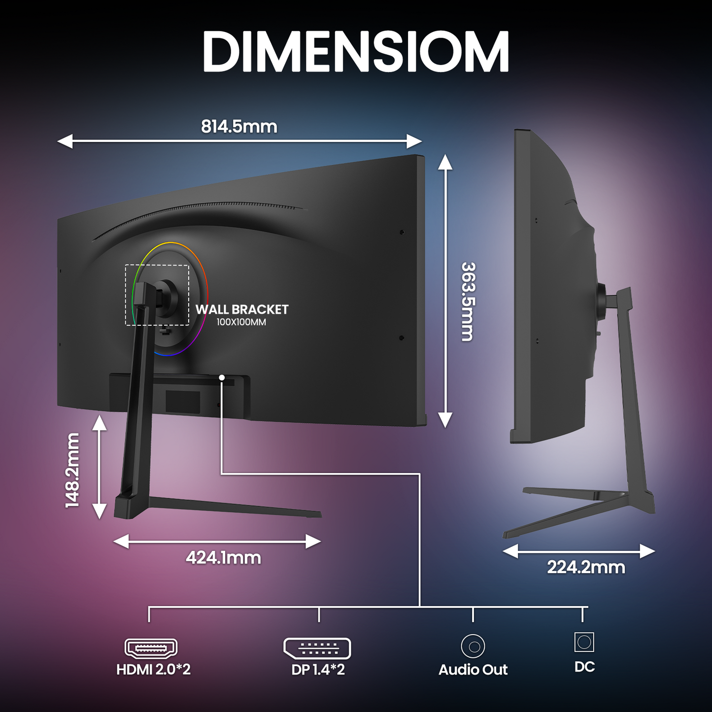 CRUA 34" Curved Gaming Monitor, IPS WQHD(3440x1440P) 120Hz 1900R 21:9 UltraWide PC Display, 130% sRGB, AMD FreeSync, Blue Light Filter, HDMI/DP Ports, Wall Mountable Installs– Black