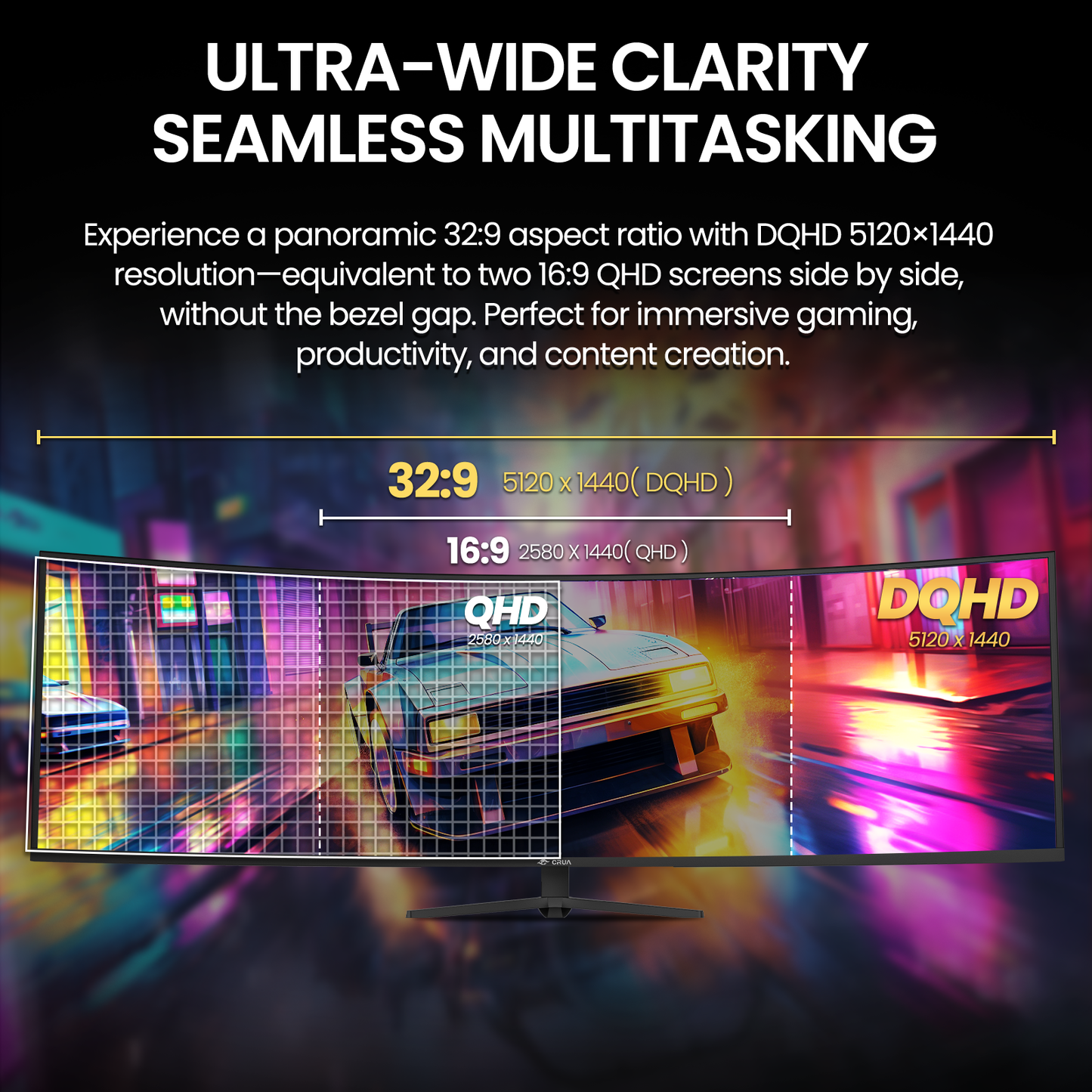 CRUA 49" Curved Gaming Monitor | DQHD(5120 * 1440), 144Hz/165Hz, 1500R, 32:9, AMD FreeSync, 120% sRGB, Height Adjustable Ultra-Wide Screen Monitors, HDMI 2.1 & DP 1.4, Wall Mount Install- Black