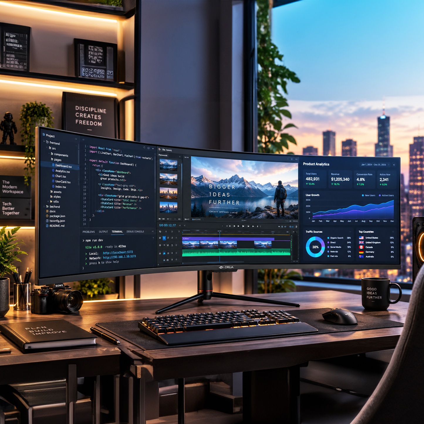 CRUA 49 Inch Ultra-Wide Curved Gaming Monitor | 120Hz | DQHD 5120x1440p | 1500R Curve | AMD FreeSync | Built-in Speakers | Wall Mount | HDMI & DP&Type-c, Black