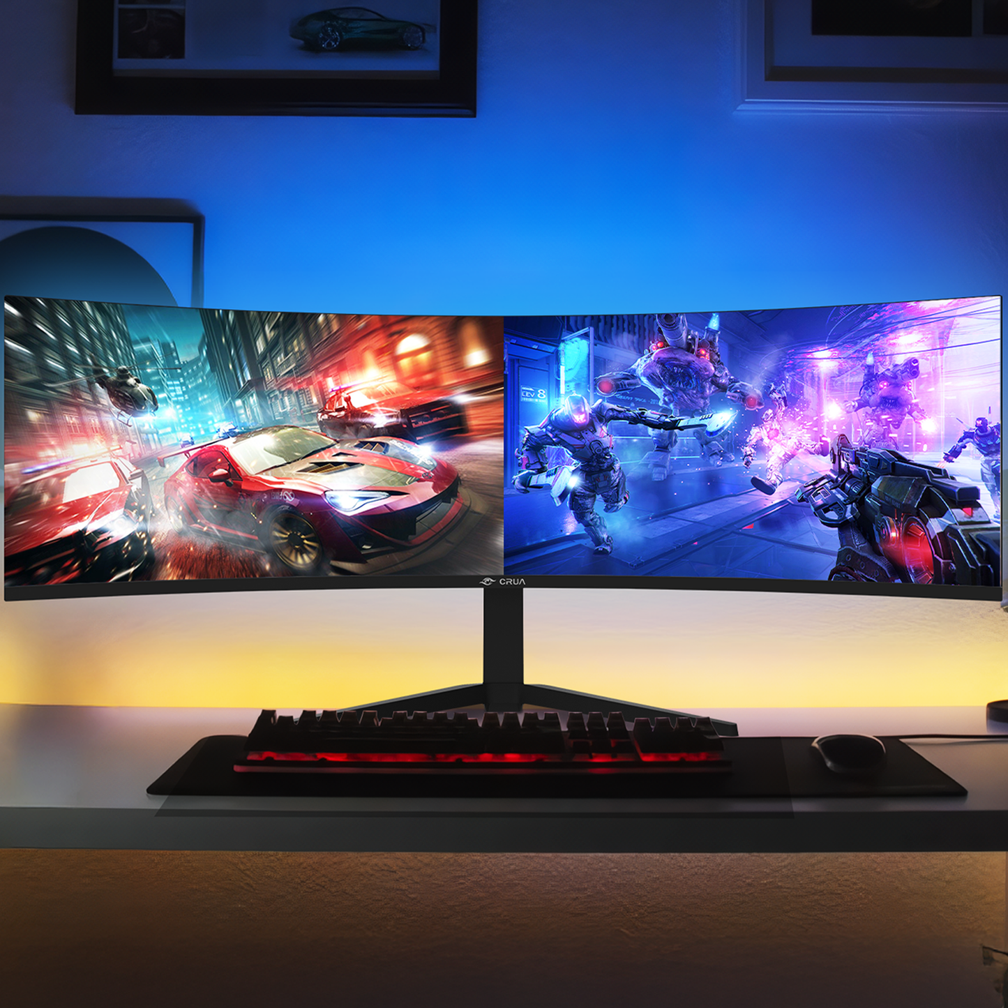 CRUA 49 Inch Ultra-Wide Curved Gaming Monitor | 120Hz | DQHD 5120x1440p | 1500R Curve | AMD FreeSync | Built-in Speakers | Wall Mount | HDMI & DP, Black
