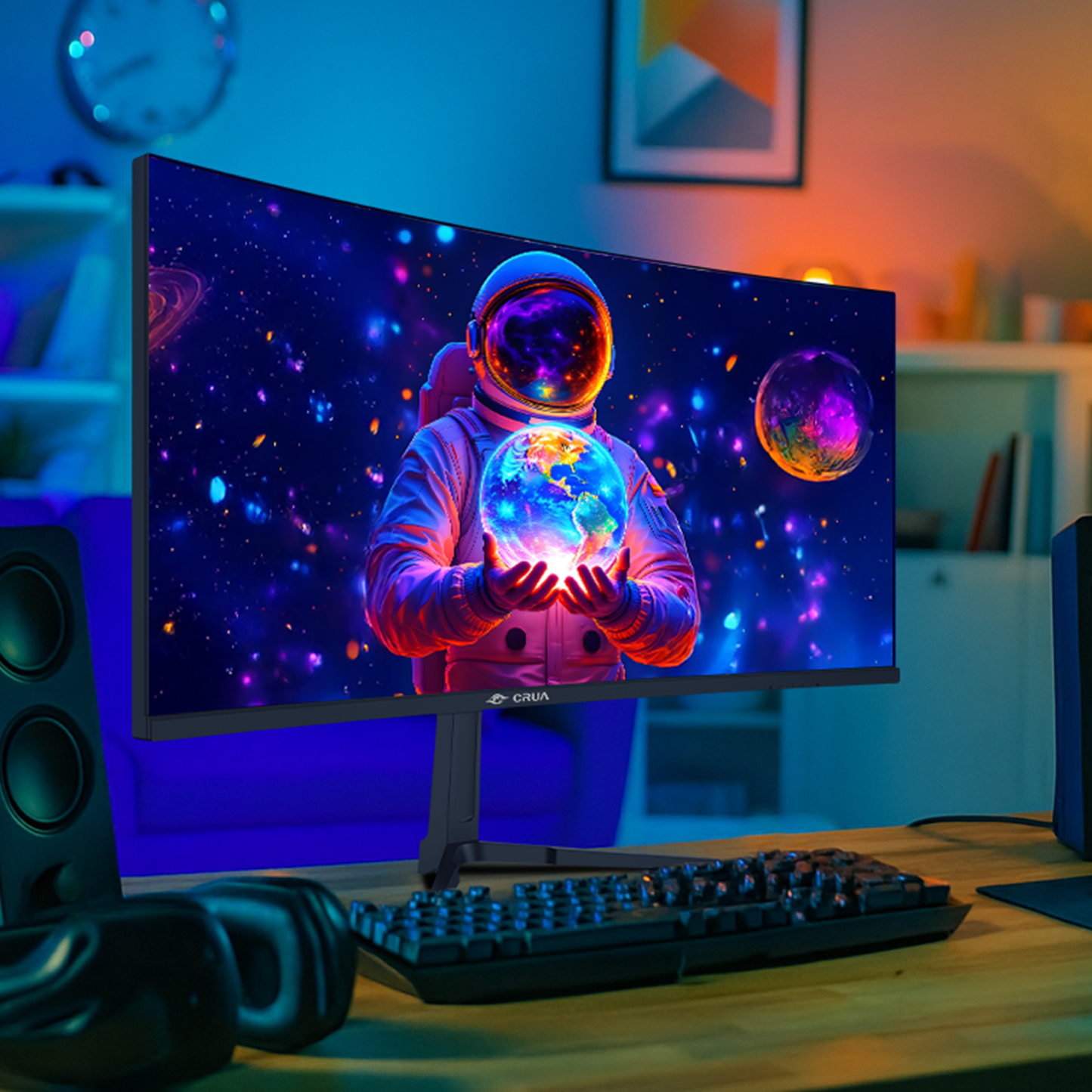 CRUA 34-inch IPS Curved Gaming Monitor, WQHD 3440x1440, 120Hz Computer Monitor, 1900R, 120% sRGB, FreeSync, HDMI 2.0 & DP 1.4, Wall Mountable - Black