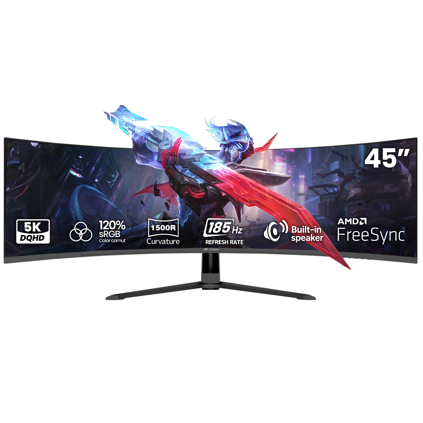 CRUA 45" DQHD 185Hz Ultrawide Curved Gaming Monitor, 1500R, FreeSync, Black 5120x1440 32:9 VA Screen, 120%sRGB, Built-In Speakers, HDMI 2.1/DP 1.4 and 100x100mm Wall Mount For Gaming, Editing and Work